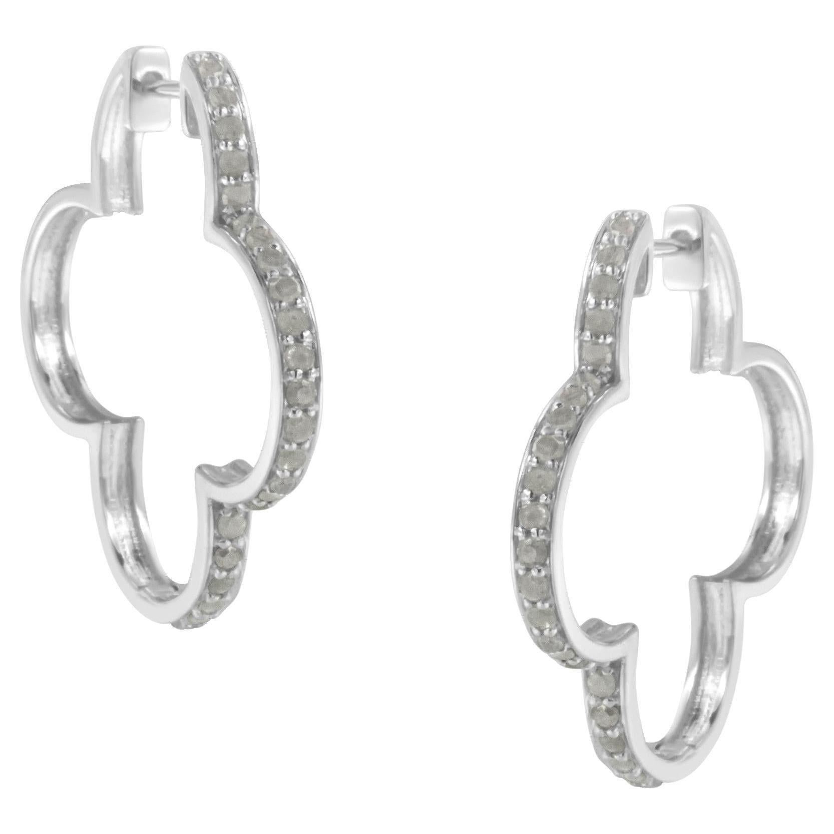.925 Sterling Silver 1.0 cttw Diamond 4 Leaf Clover Shape Hoop Earrings For Sale