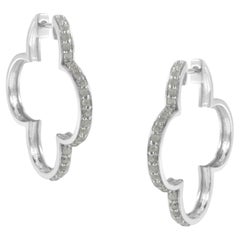 .925 Sterling Silver 1.0 cttw Diamond 4 Leaf Clover Shape Hoop Earrings