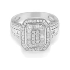 .925 Sterling Silver 1.0 Cttw Diamond Elongated Octagon Shaped Cocktail Ring