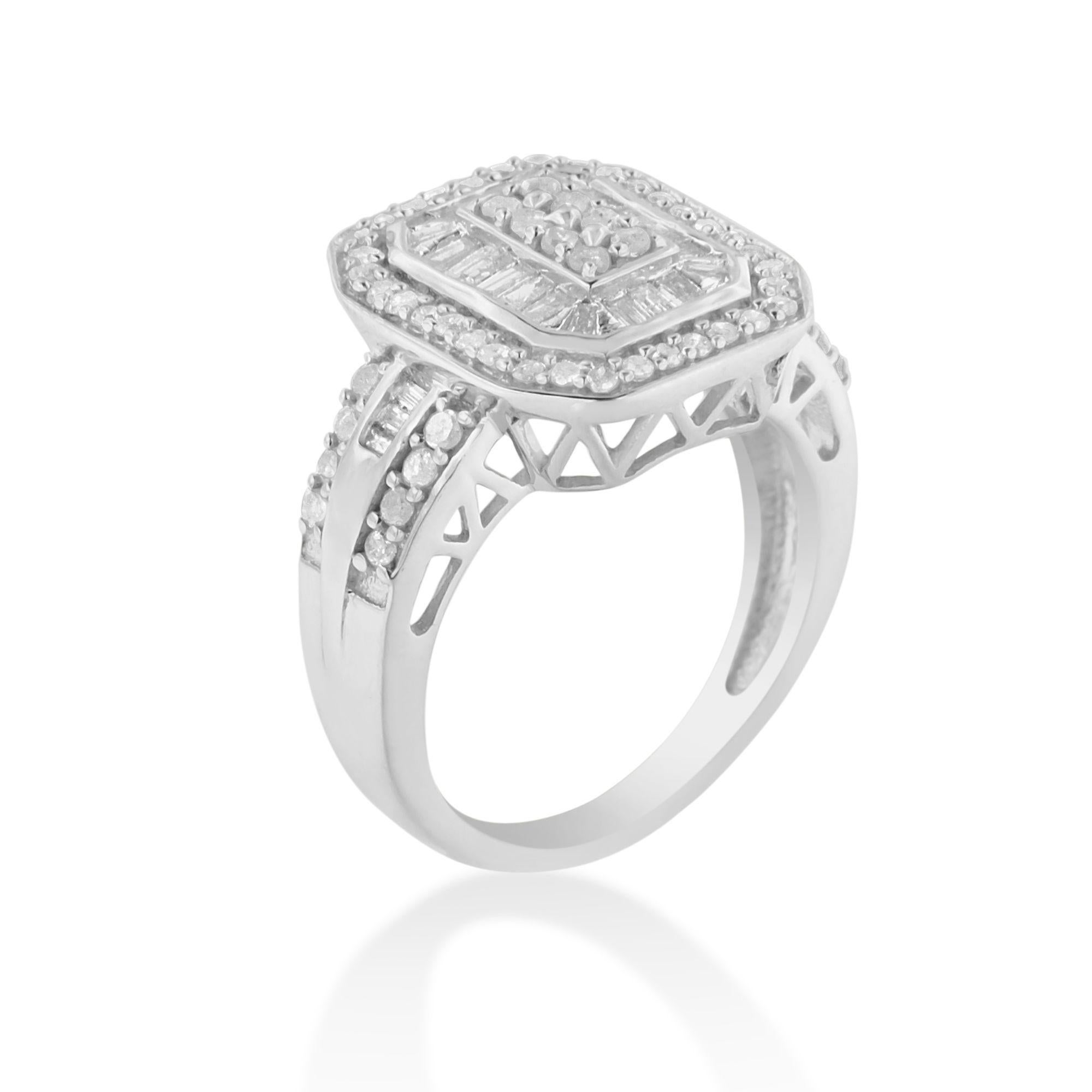 Anillo de cóctel de plata de ley .925 con un diamante de 1,0 qt en forma de octágono alargado Corte redondo