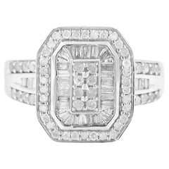 .925 Sterling Silver 1.0 Cttw Diamond Elongated Octagon Shaped Cocktail Ring