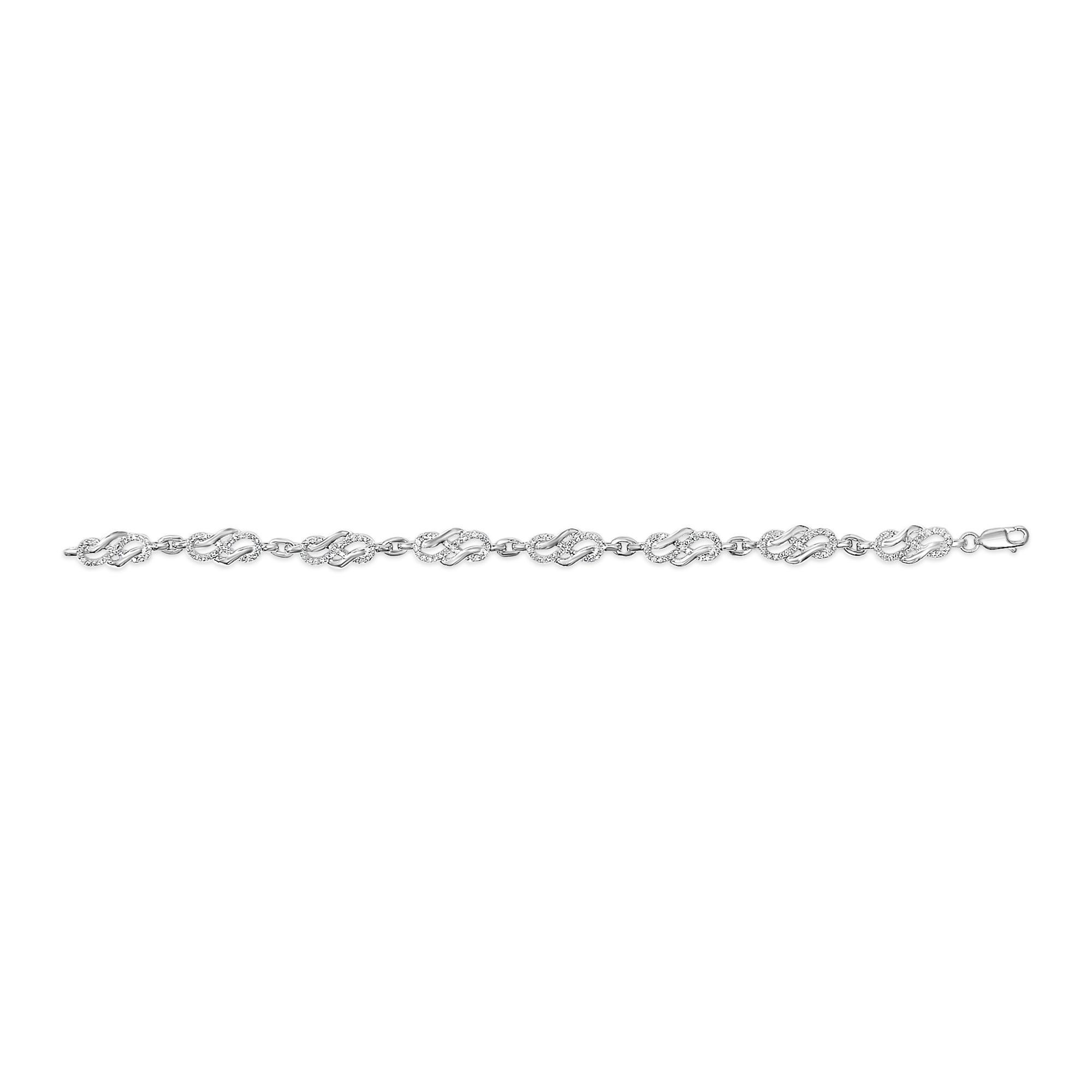 Modern .925 Sterling Silver 1.0 Cttw Diamond Infinity Loop and Swirl Link Bracelet For Sale