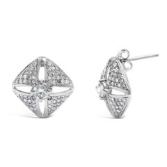 .925 Sterling Silver 1.0 Cttw Diamond Studded Rhombus Stud Earring