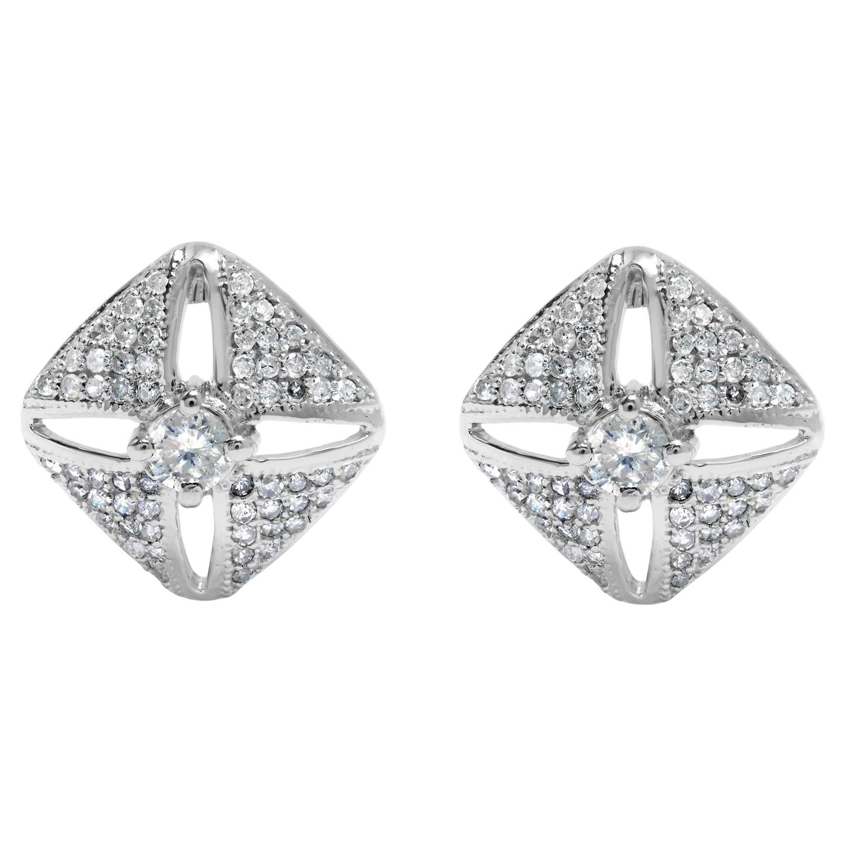 .925 Sterling Silver 1.0 Cttw Diamond Studded Rhombus Stud Earring