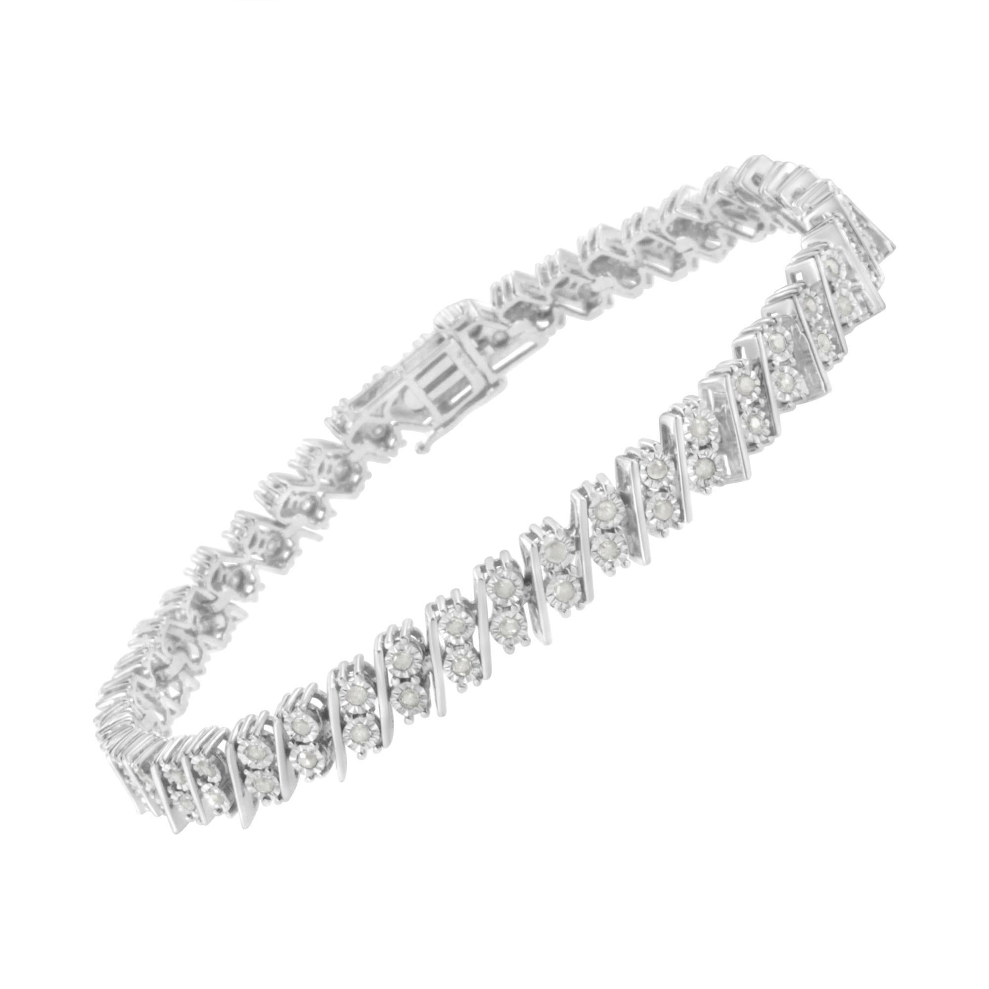 Moderno .925 Bracciale in argento sterling 1.0 cttw con doppia fila di diamanti incastonati a miracolo A Link