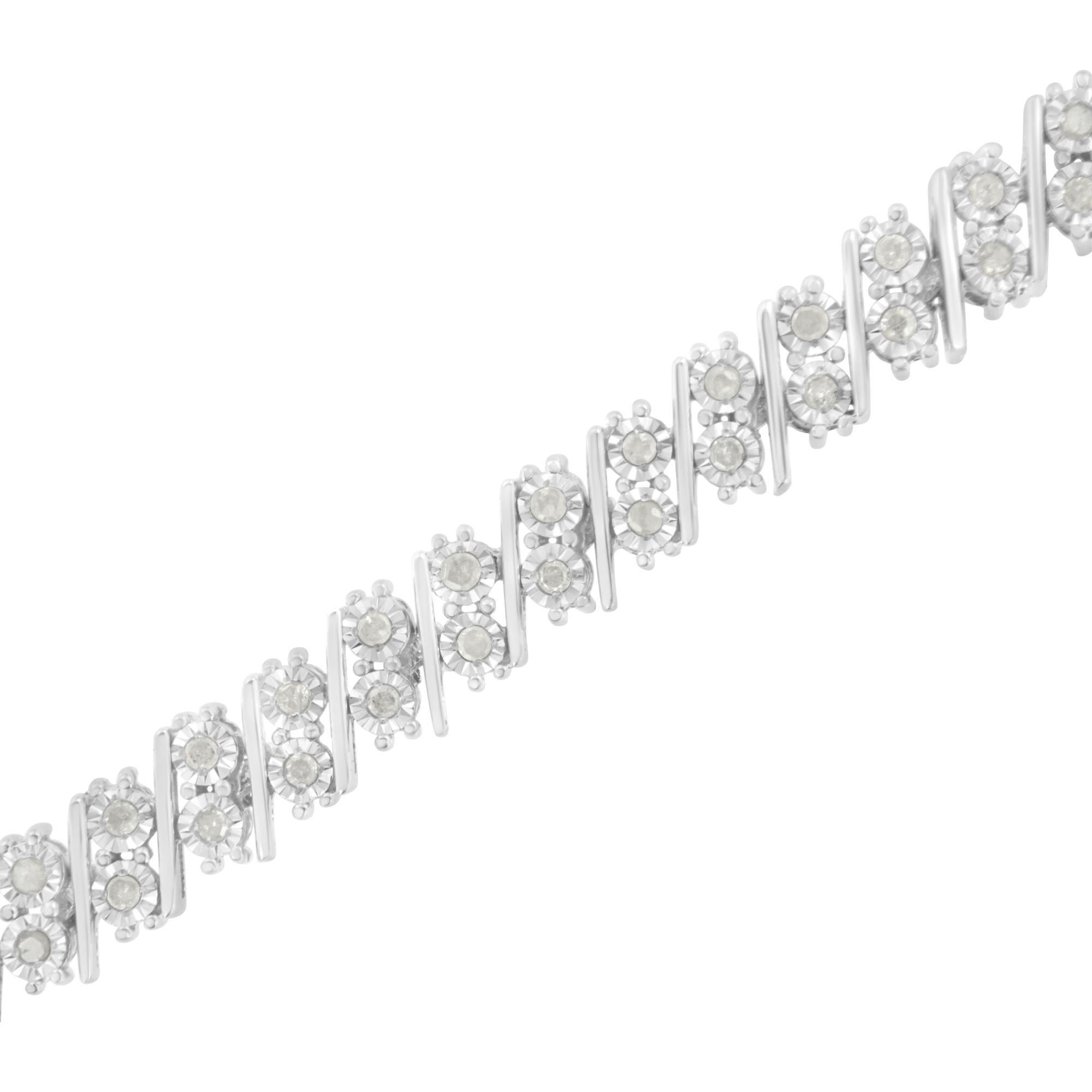 Taglio rotondo .925 Bracciale in argento sterling 1.0 cttw con doppia fila di diamanti incastonati a miracolo A Link