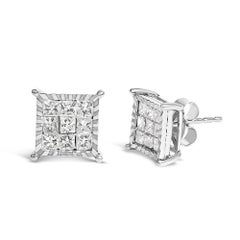 .925 Sterling Silver 1.0 Cttw Princess Diamond Composite Square Stud Earrings