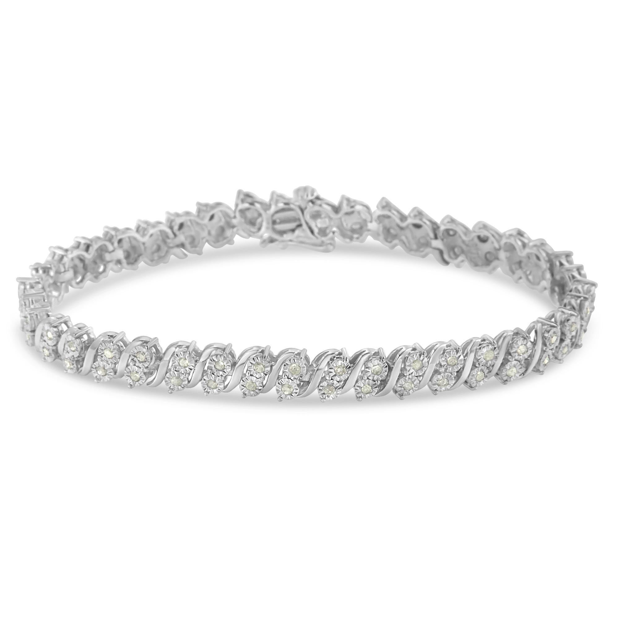 Elegant and timeless, this gorgeous sterling silver tennis bracelet features 1.0 carat total weight of round, rose cut diamonds. The tennis bracelet features S curved links with a single petite genuine round near colorless I-J color diamonds. These