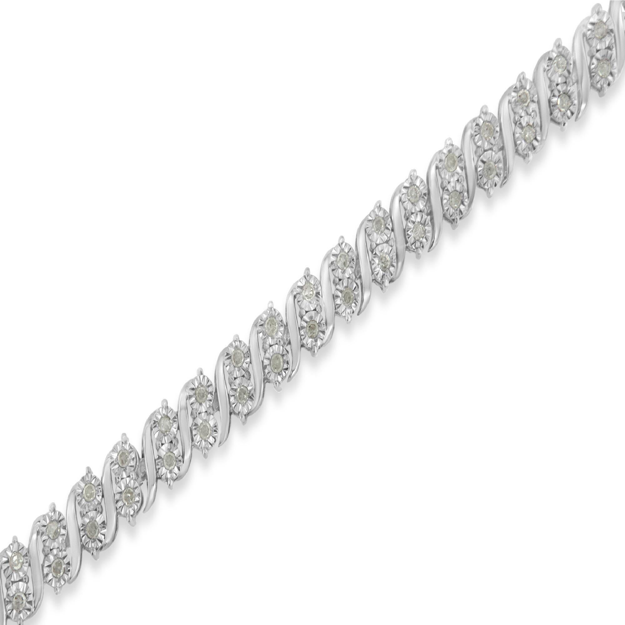 Modern .925 Sterling Silver 1.0 Cttw Rose cut Diamond Two Stone S Link Tennis Bracelet