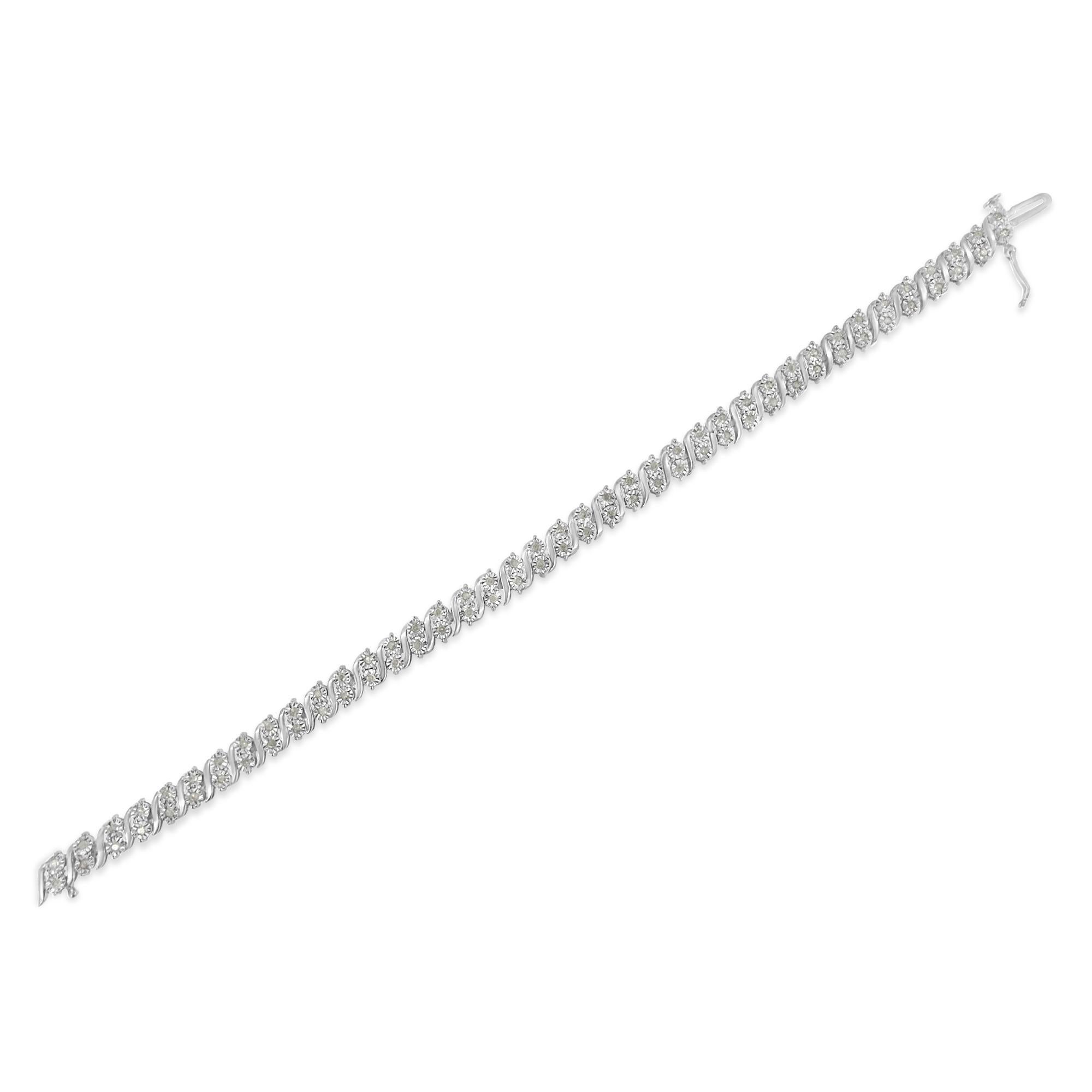 Round Cut .925 Sterling Silver 1.0 Cttw Rose cut Diamond Two Stone S Link Tennis Bracelet