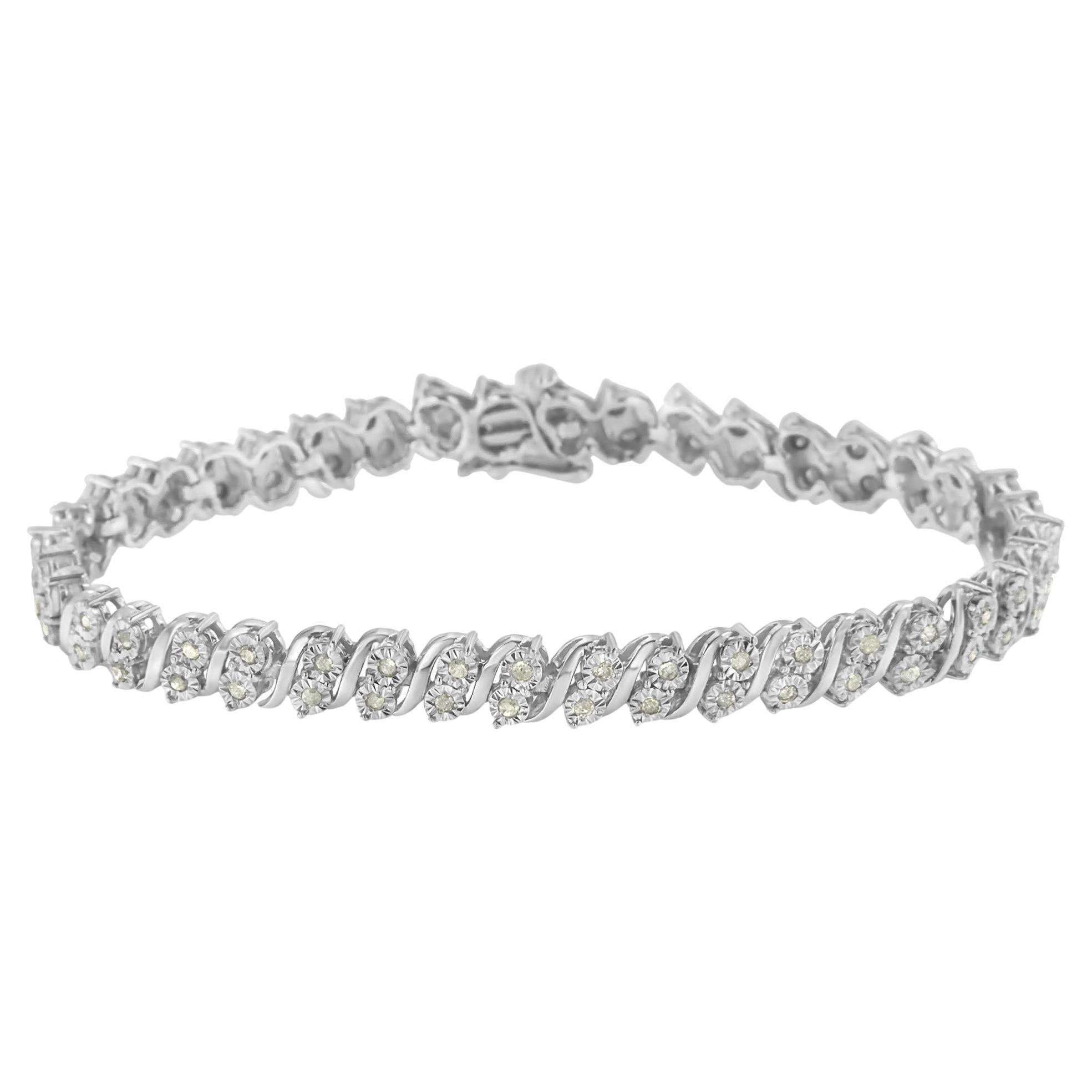 .925 Sterling Silver 1.0 Cttw Rose cut Diamond Two Stone S Link Tennis Bracelet