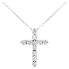 .925 Sterling Silver 1.0 Cttw Round-Cut Diamond Cross 18" Pendant Necklace