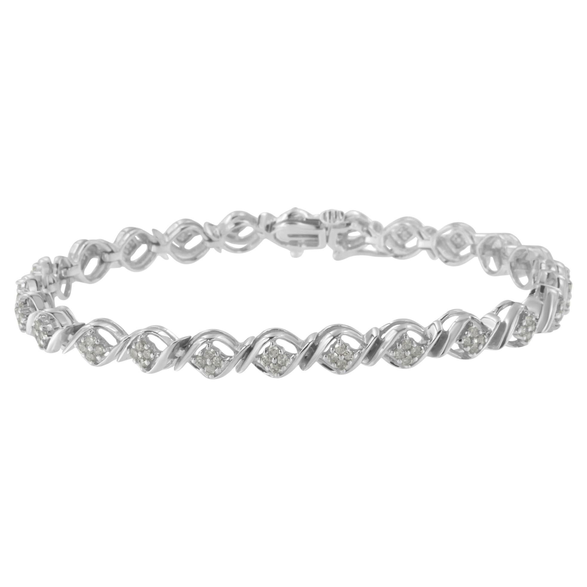 .925 Sterling Silver 1.0 cttw Round Diamond Cluster Link Bracelet