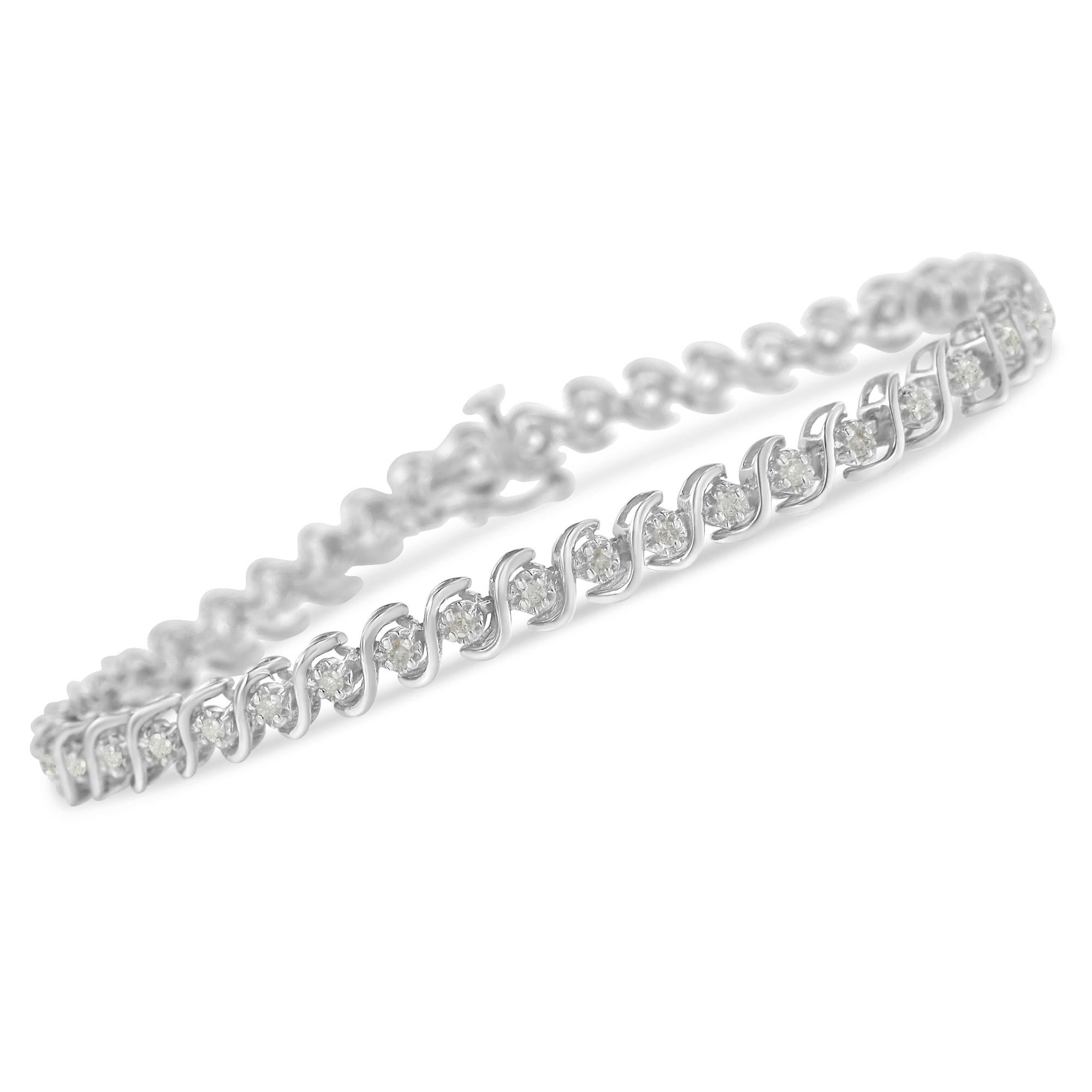 Contemporary .925 Sterling Silver 1.00 Carat Round Miracle-Set Diamond Tennis Bracelet For Sale