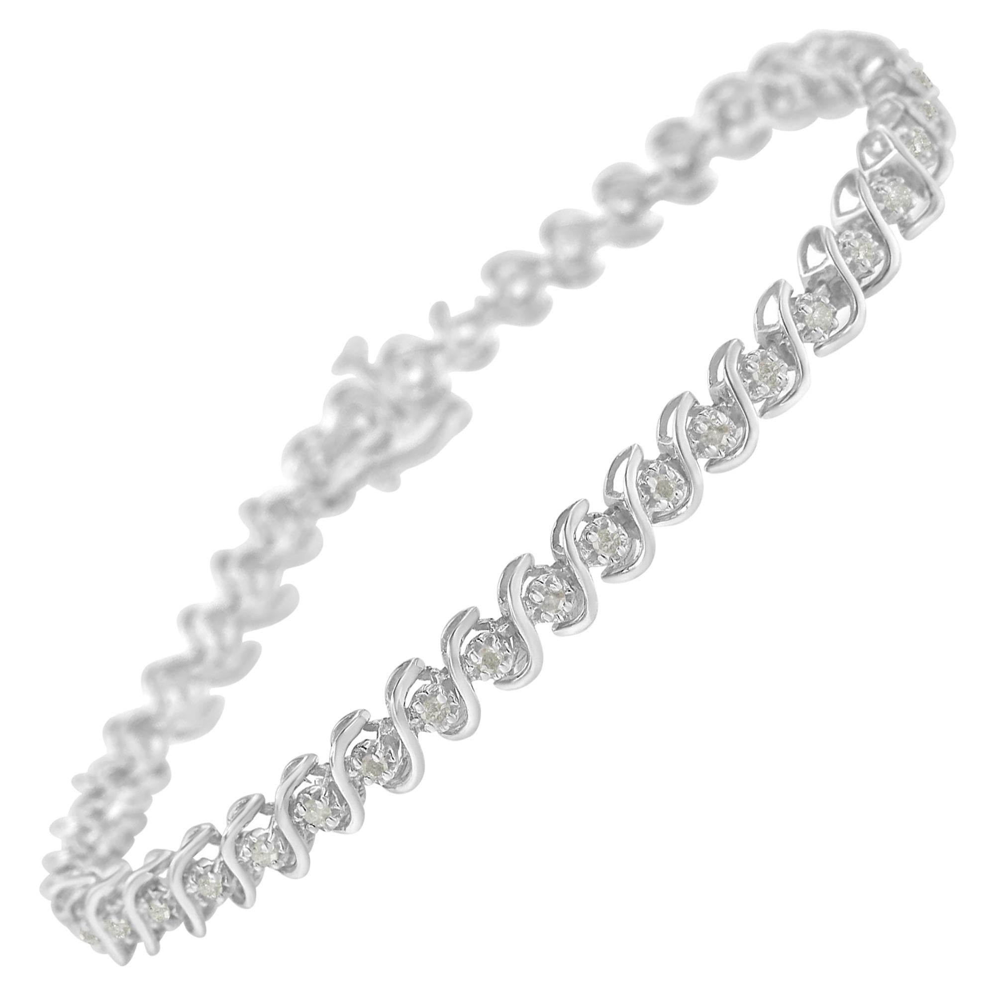 .925 Sterling Silver 1.00 Carat Round Miracle-Set Diamond Tennis Bracelet For Sale