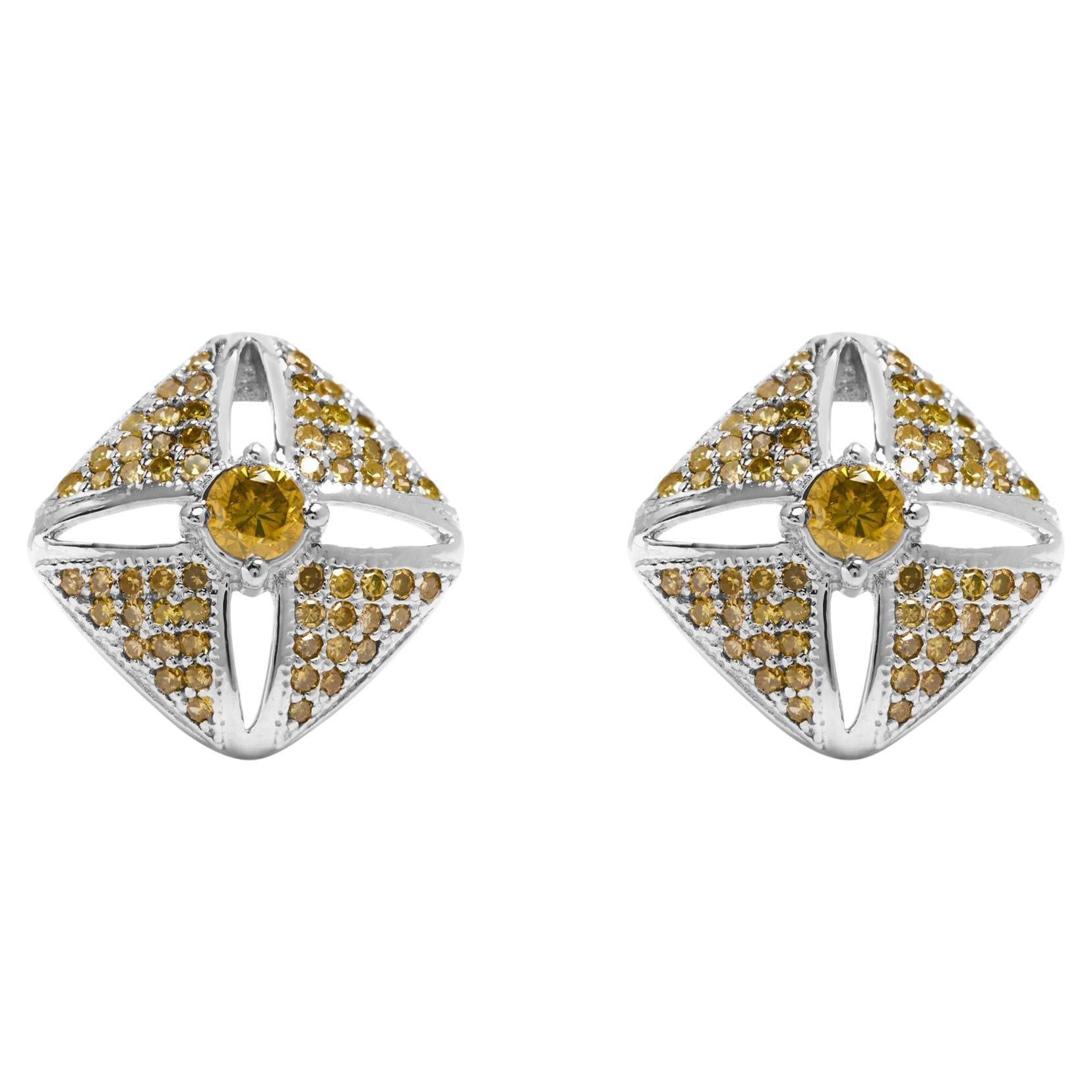 .925 Sterling Silver 1.0 Cttw Yellow Diamond Studded Rhombus Stud Earrings