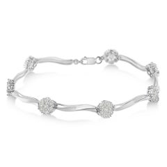 .925 Sterling Silver 1.00 Carat Diamond 7 Stone Floral Cluster Link Bracelet