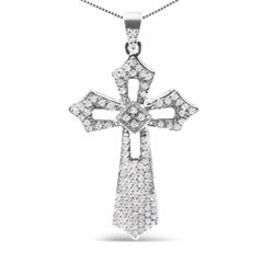 .925 Sterling Silver 1.00 Carat Diamond Fleur De Lis Cross 18" Pendant Necklace