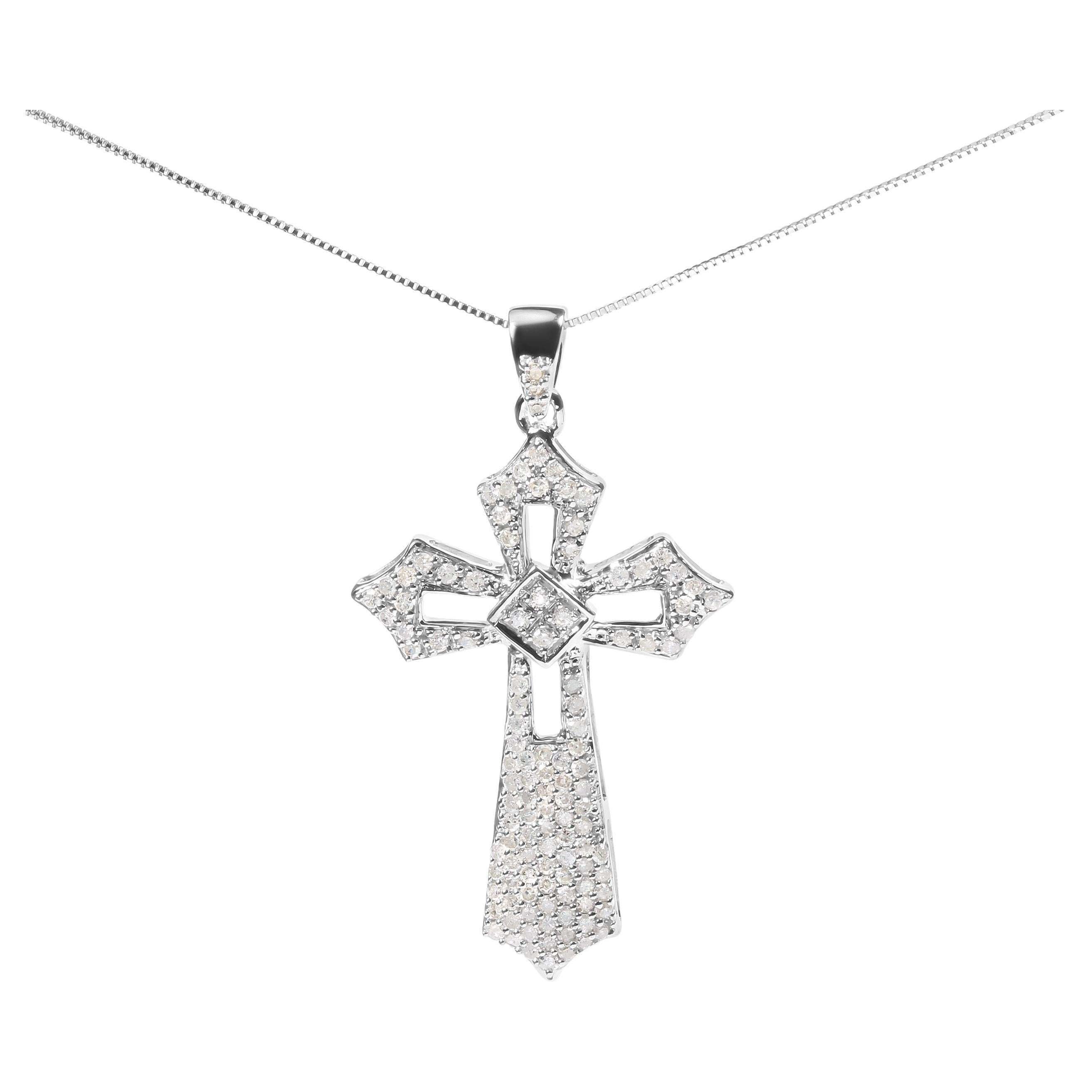 .925 Sterling Silver 1.00 Carat Diamond Fleur De Lis Cross 18" Pendant Necklace For Sale