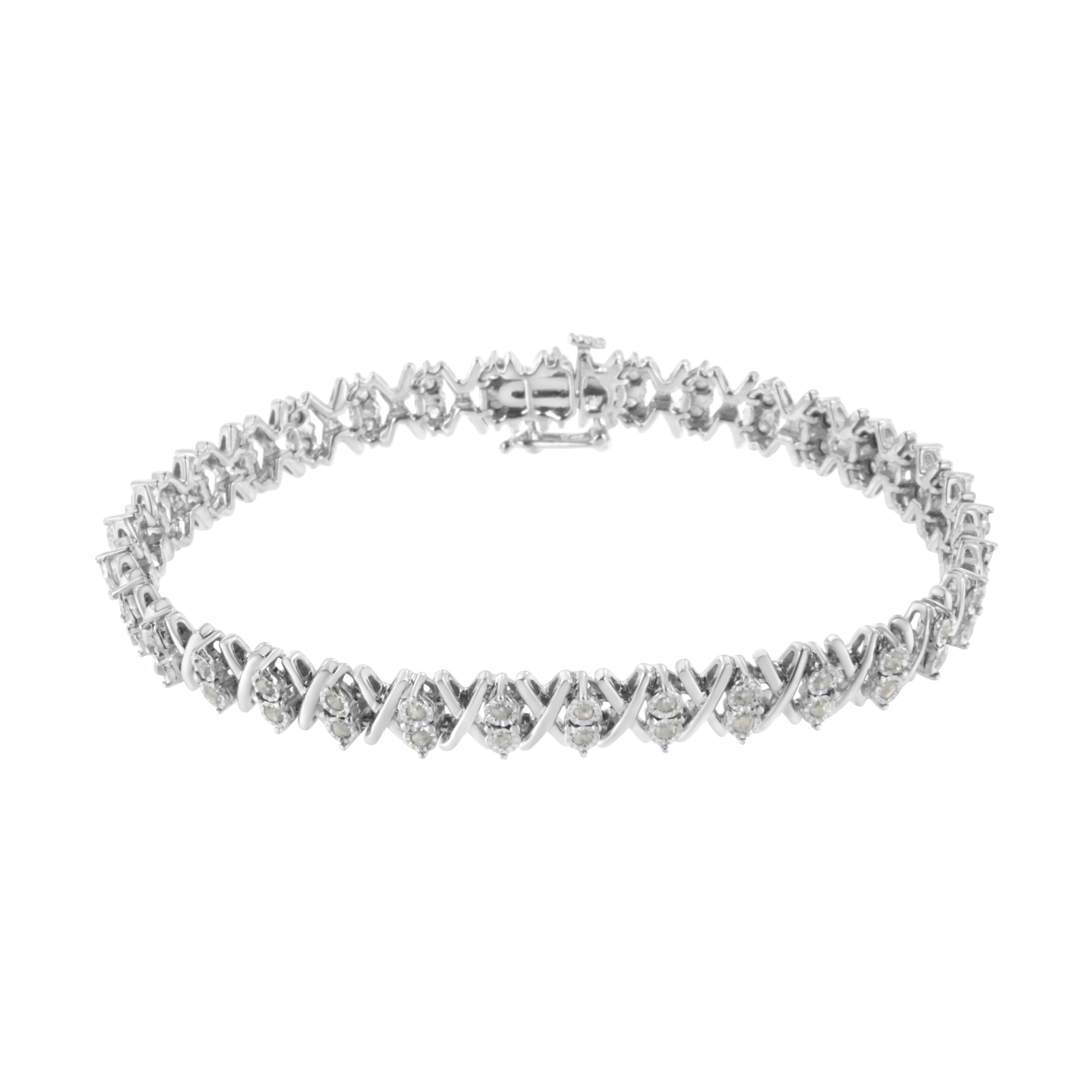 Contemporain Bracelet tennis à maillons en forme de X en argent sterling avec diamants de 1,00 carat de .925 carat en vente