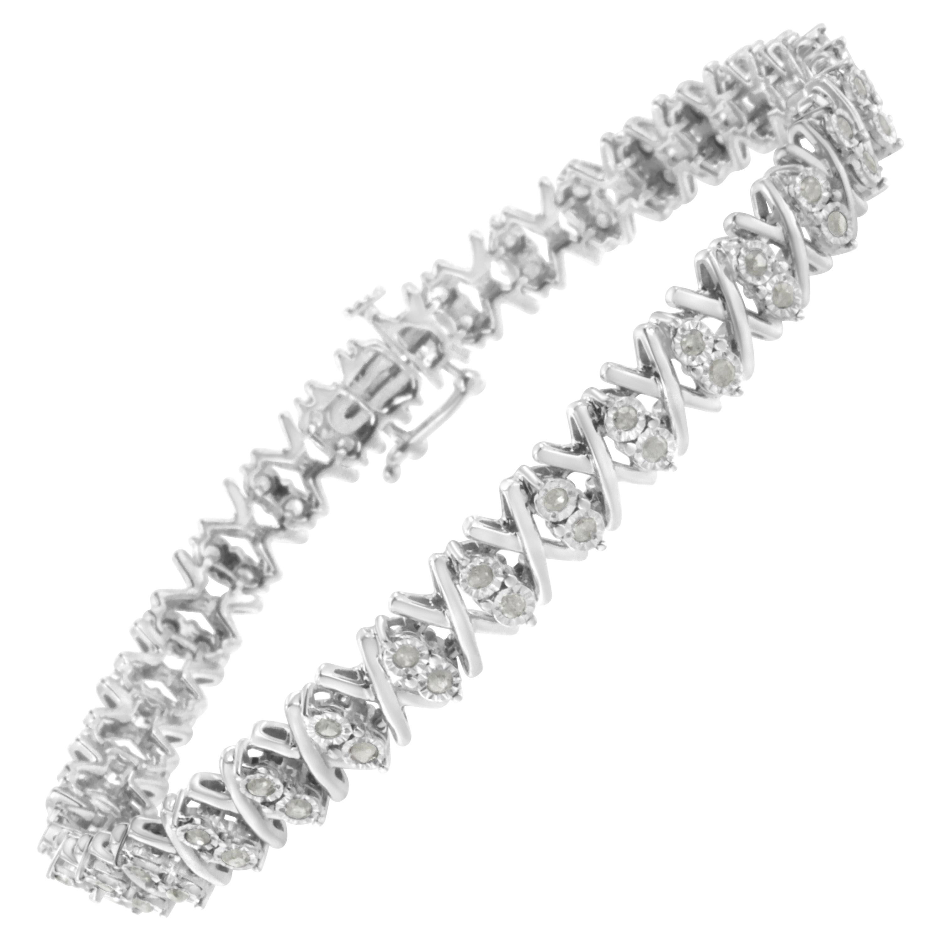 Bracelet tennis à maillons en forme de X en argent sterling avec diamants de 1,00 carat de .925 carat en vente