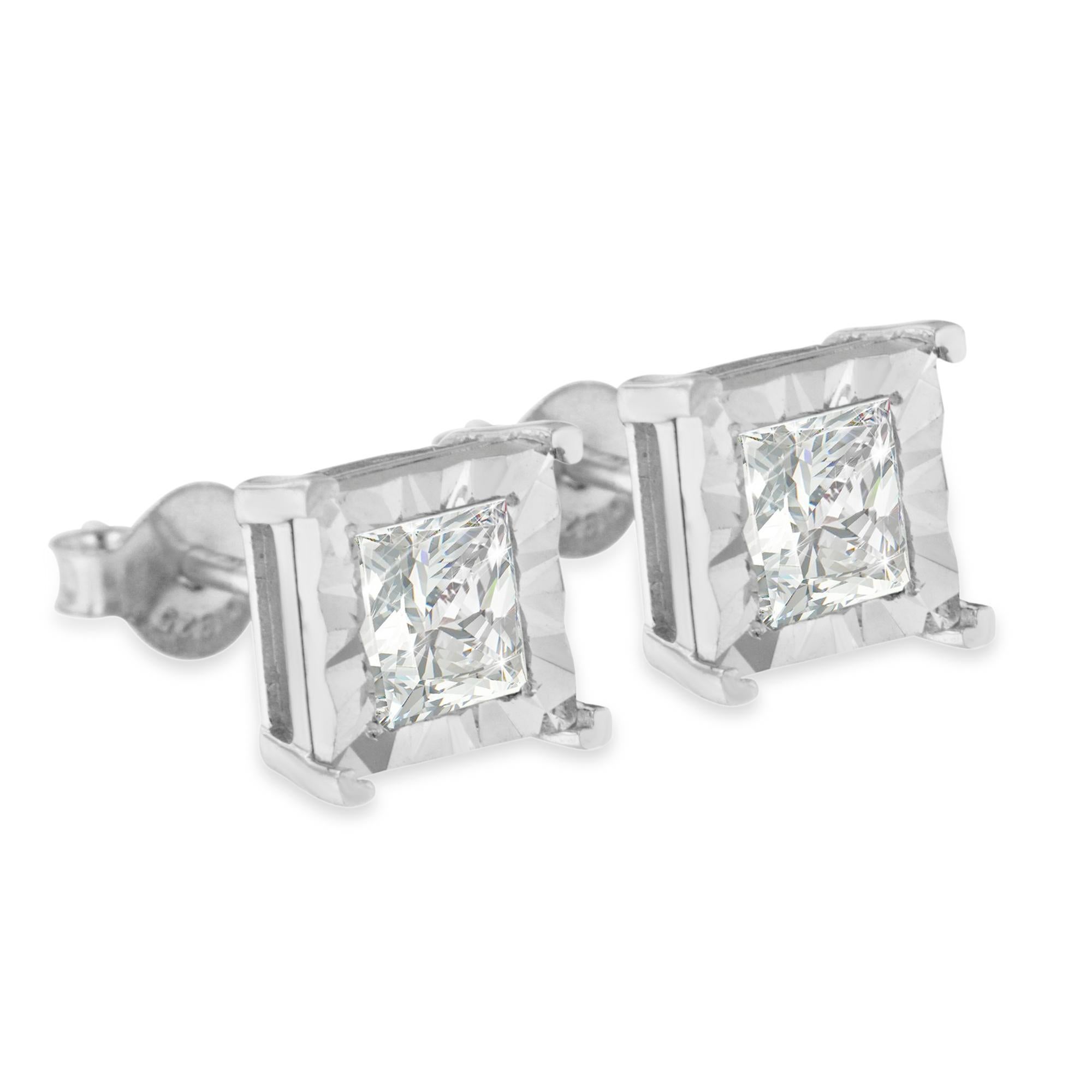 Princess Cut .925 Sterling Silver 1.00 Carat Princess-Cut Diamond Solitaire Stud Earrings For Sale