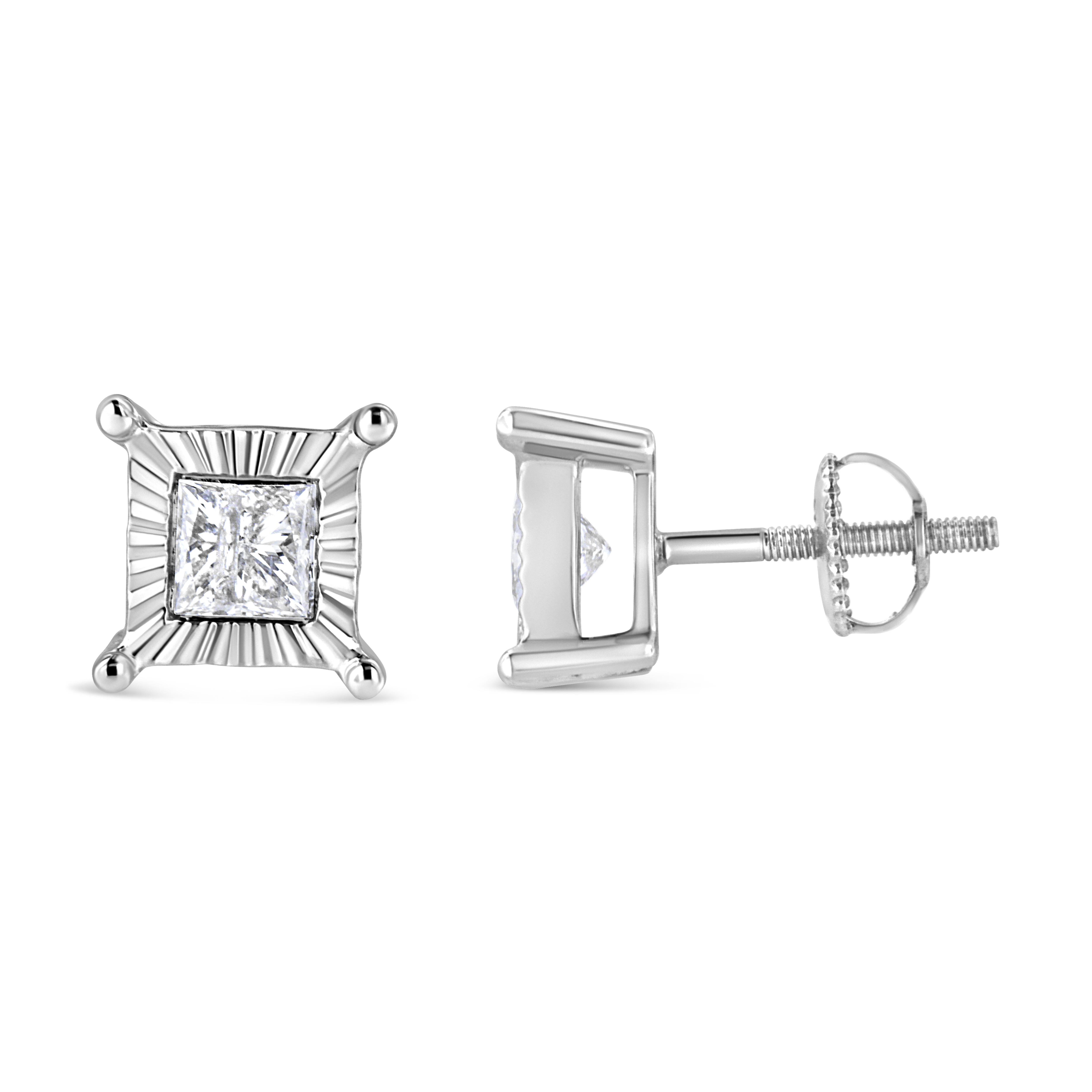 .925 Sterling Silver 1.00 Carat Princess-Cut Diamond Solitaire Stud Earrings In New Condition For Sale In New York, NY