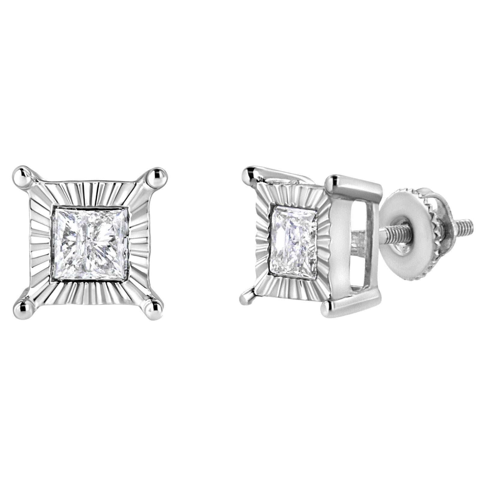 .925 Sterling Silver 1.00 Carat Princess-Cut Diamond Solitaire Stud Earrings For Sale