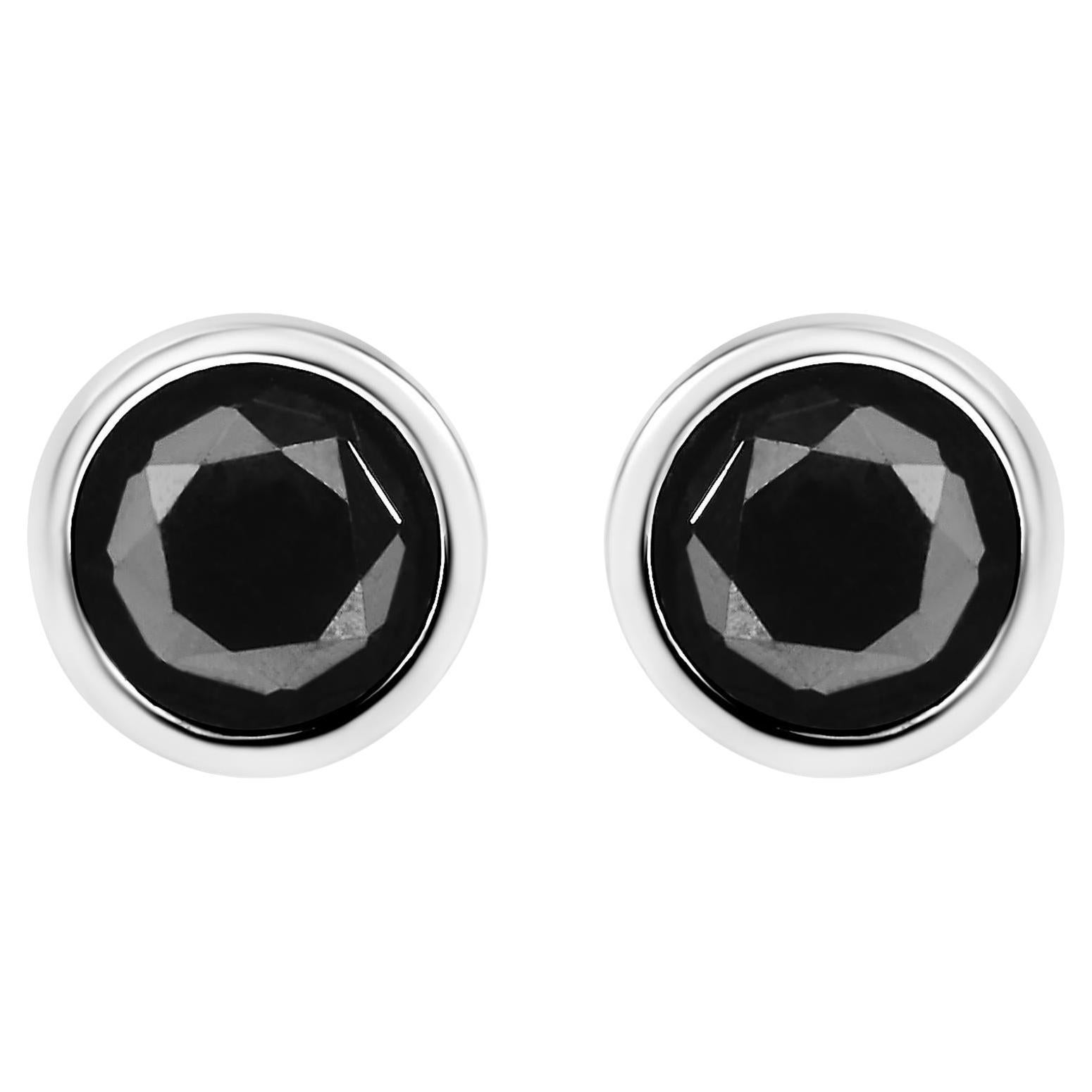 .925 Sterling Silver 1.00 Cttw Round-Cut Black Diamond Bezel-Set Stud Earrings