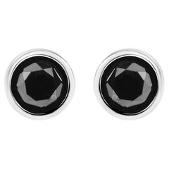 .925 Sterling Silver 1.00 Cttw Round-Cut Black Diamond Bezel-Set Stud Ears