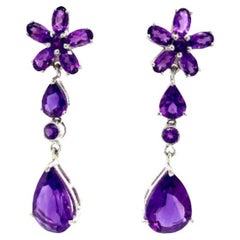 .925 Sterling Silver 10.8 Carat Natural Purple Amethyst Flower and Drop Earrings