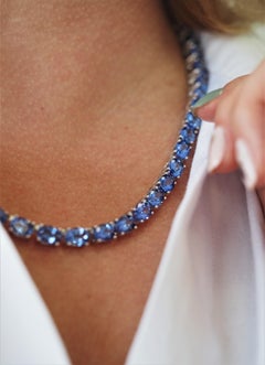 925 Sterling Silver 14 Karat Yellow Gold 60 Carat Blue Tanzanite Necklace