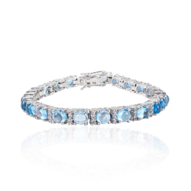 Taille ronde Bracelet tennis en argent sterling 925 avec topaze bleue de 14,49 carats et diamants en vente