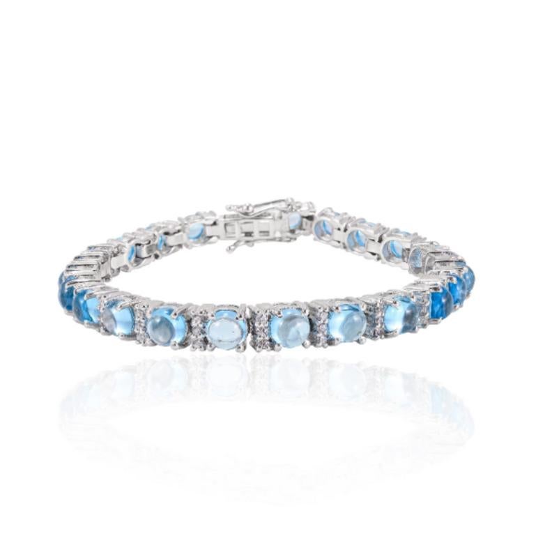 Women's 925 Sterling Silver 14.49 Carat Blue Topaz and Diamond Tennis Bracelet for Her For Sale