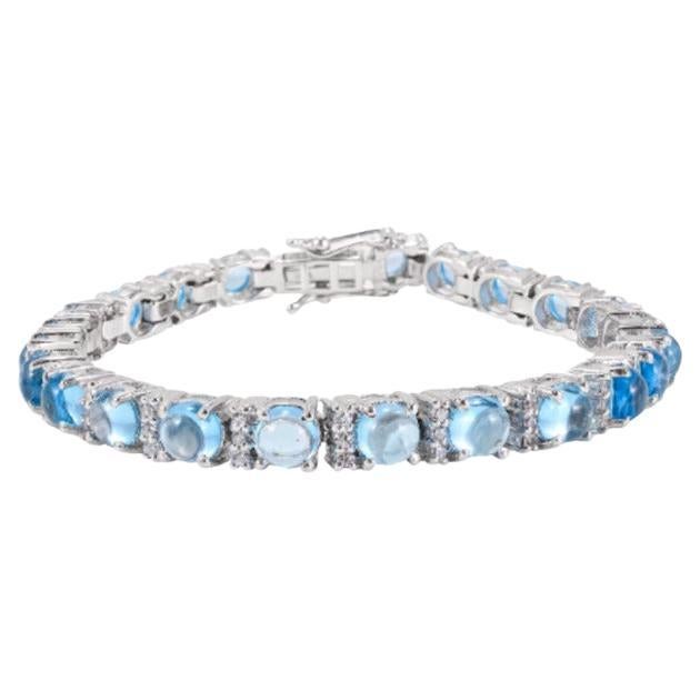 925 Sterling Silver 14.49 Carat Blue Topaz and Diamond Tennis Bracelet For Sale