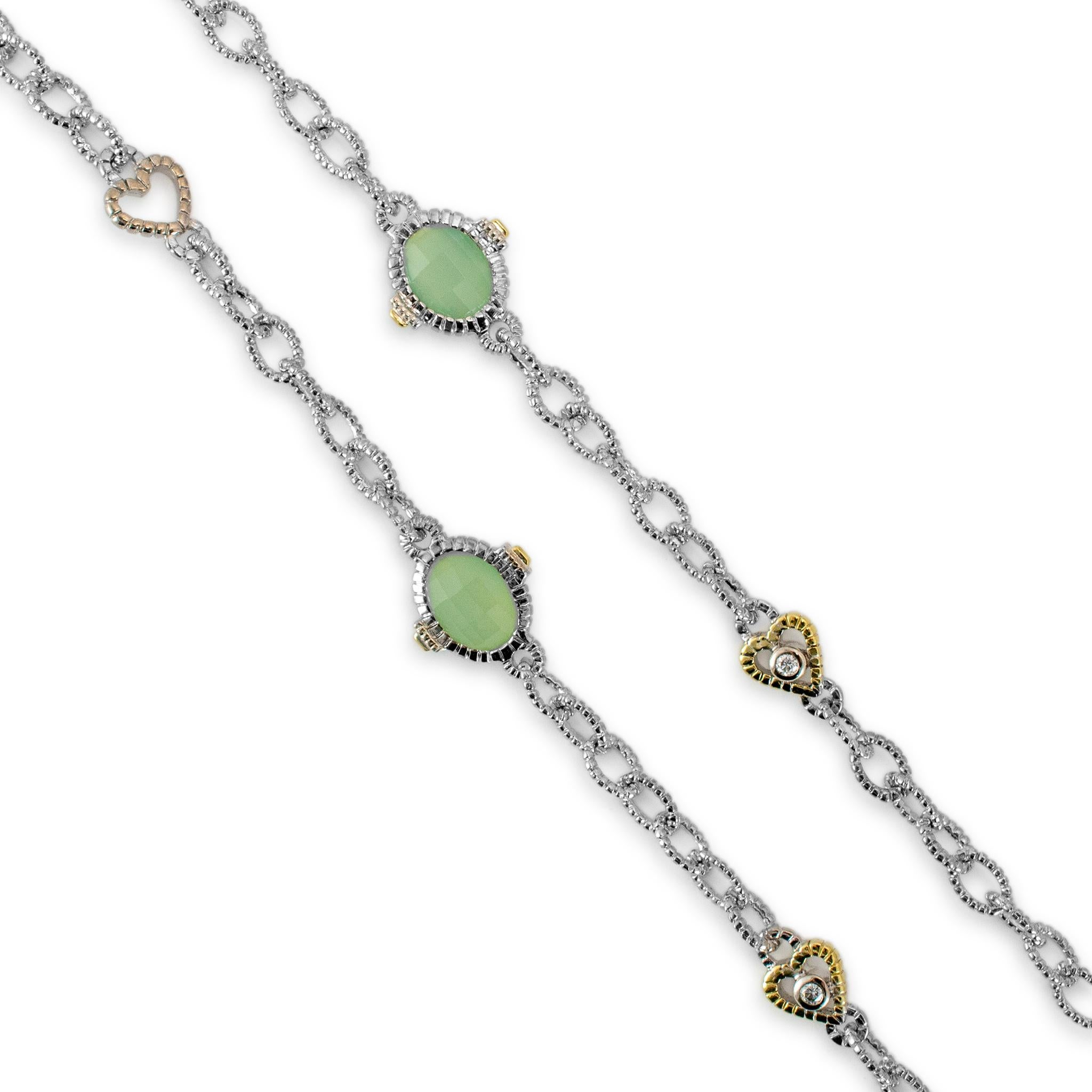 Metal Type: 925 Sterling Silver & 18K Yellow Gold

Length: 34.00 inches

Width: 12.25 mm

Weight: 28.10 grams

One silver and 18K yellow gold single strand, diamond, and jadeite station necklace. The metals were tested and determined to be 925
