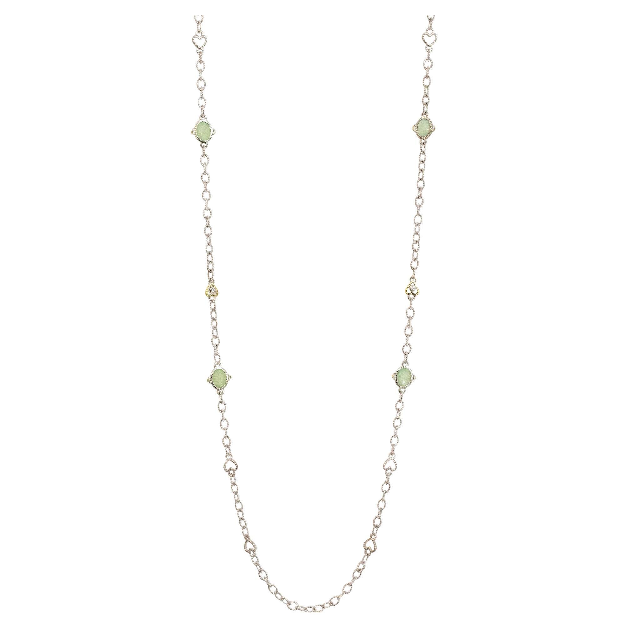 925 Sterling Silver 18K Yellow Gold Jadeite Diamond Textured Heart Necklace For Sale