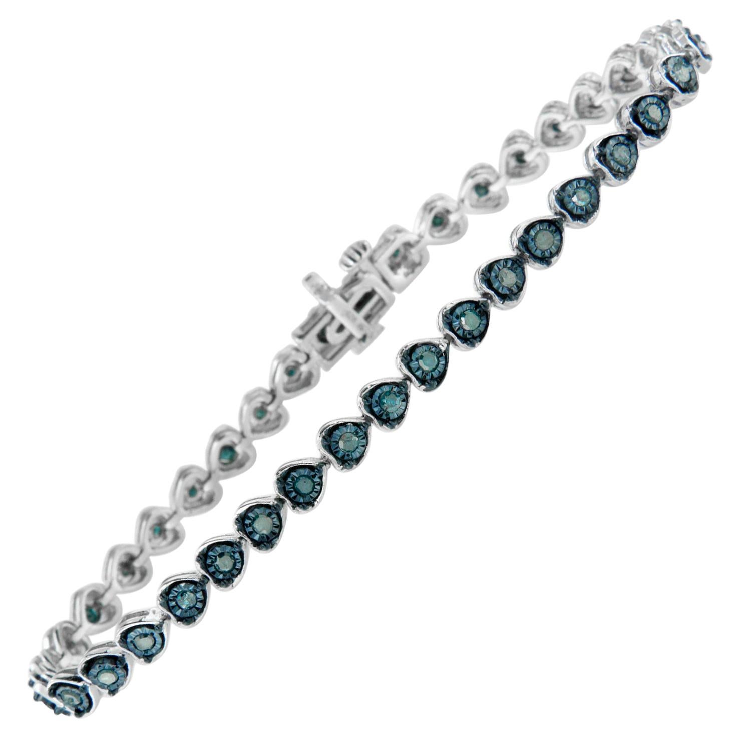 .925 Sterling Silver 1.00 Carat Treated Blue Diamond Heart Link Bracelet For Sale