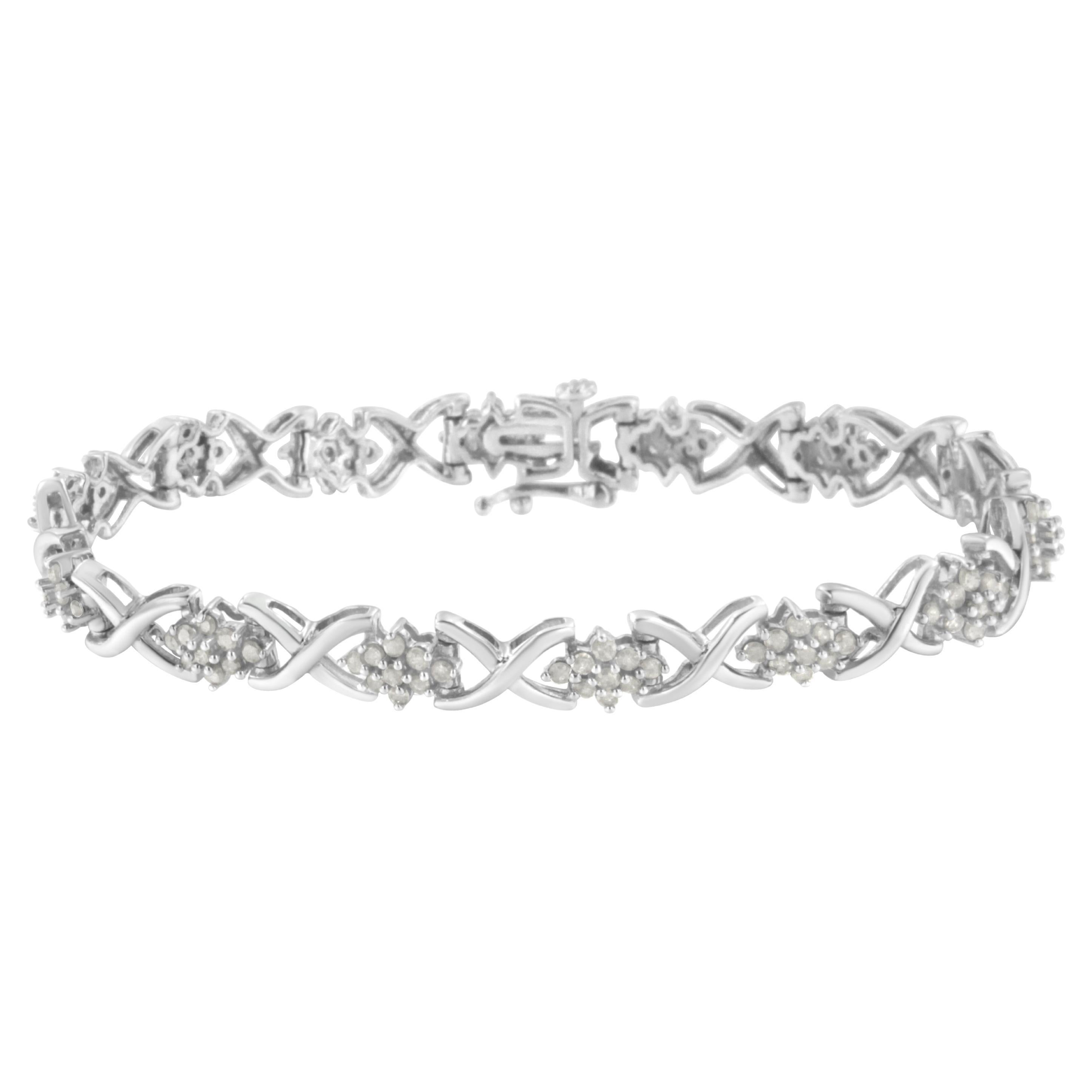 .925 Sterling Silver 2 1/4 Carat Diamond Cluster X Link Bracelet For Sale