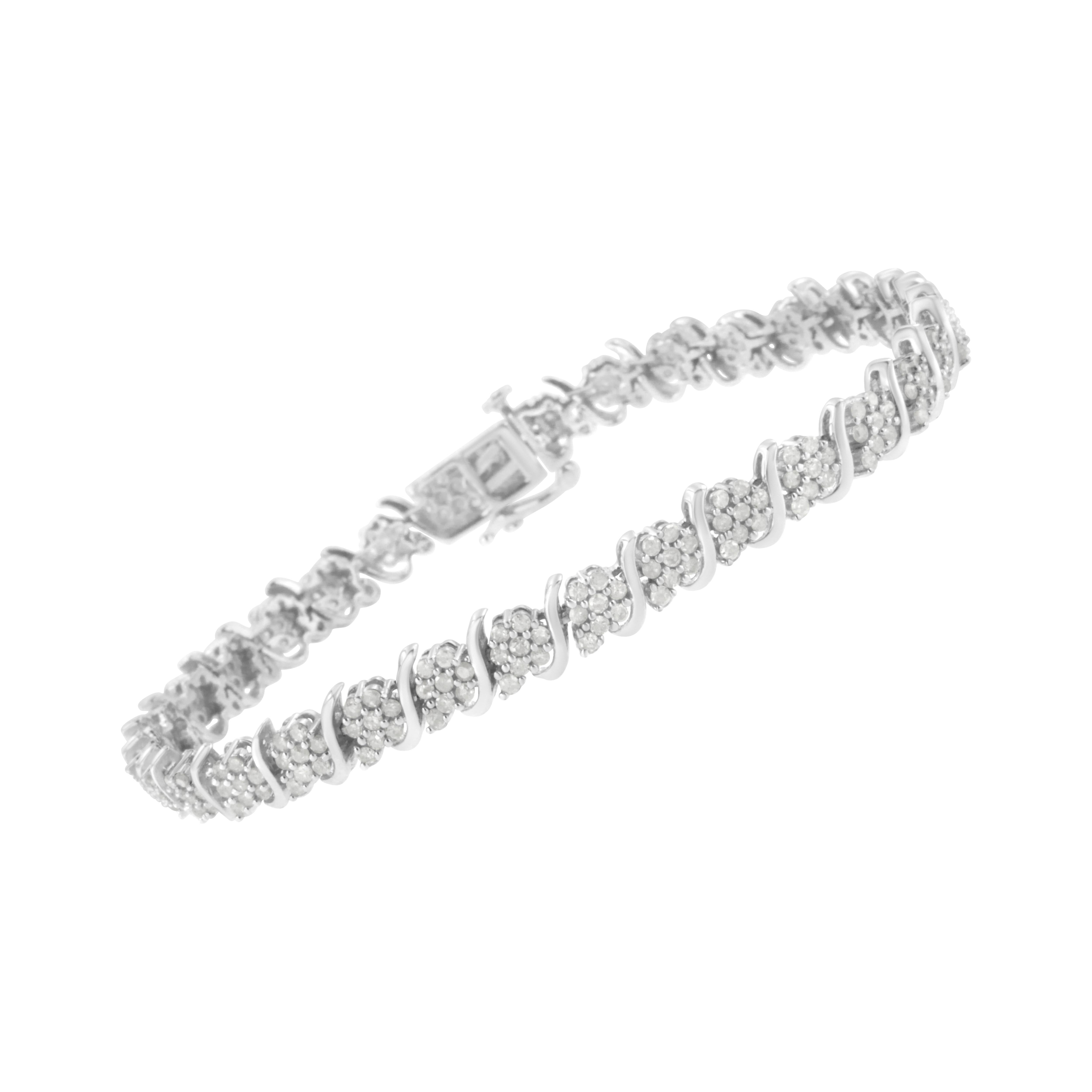 Contemporary .925 Sterling Silver 2 3/4 Carat Diamond Floral Cluster Link Bracelet For Sale