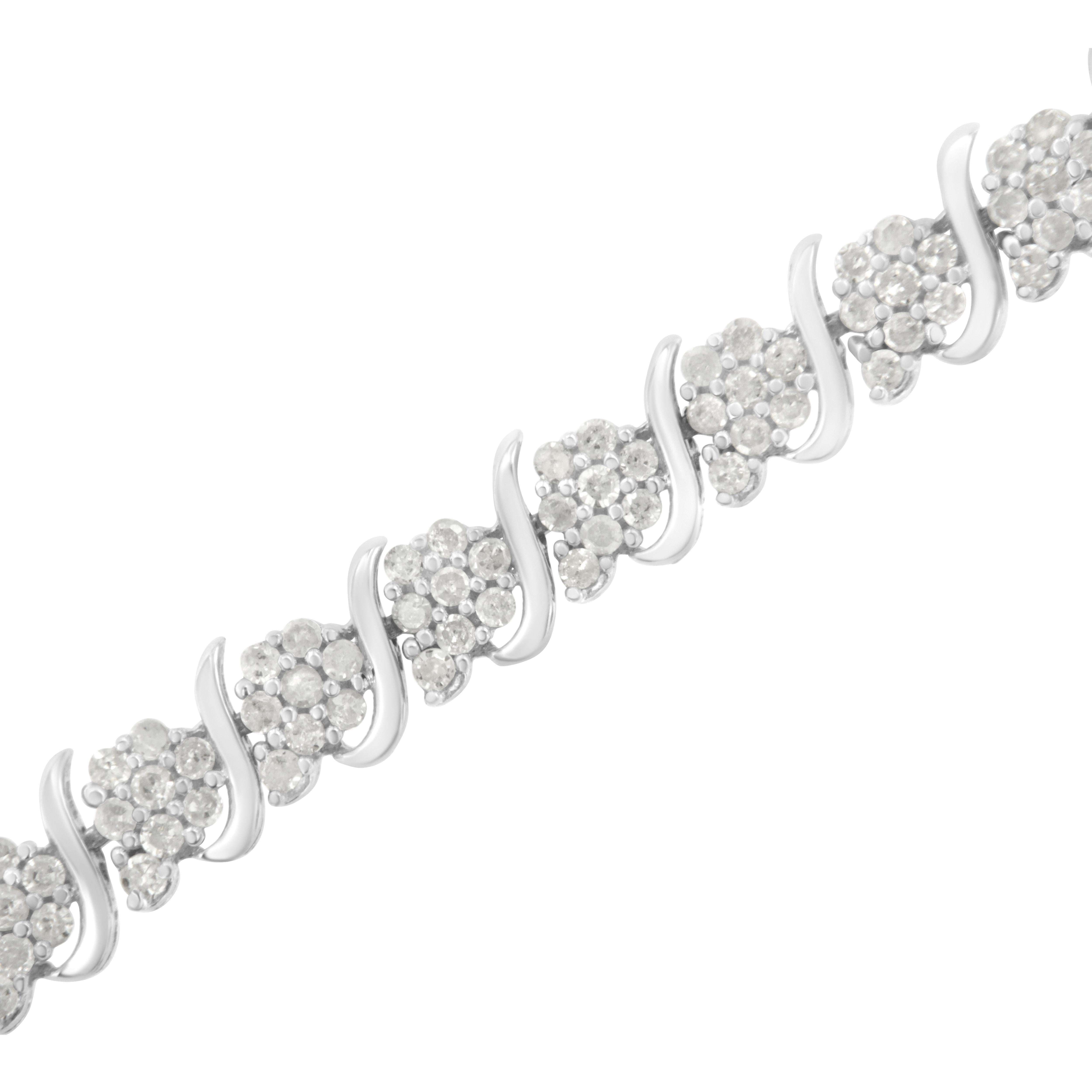 Taille ronde Bracelet à maillons en argent sterling avec grappe de diamants à fleurs de 2 3/4 carats, .925 en vente