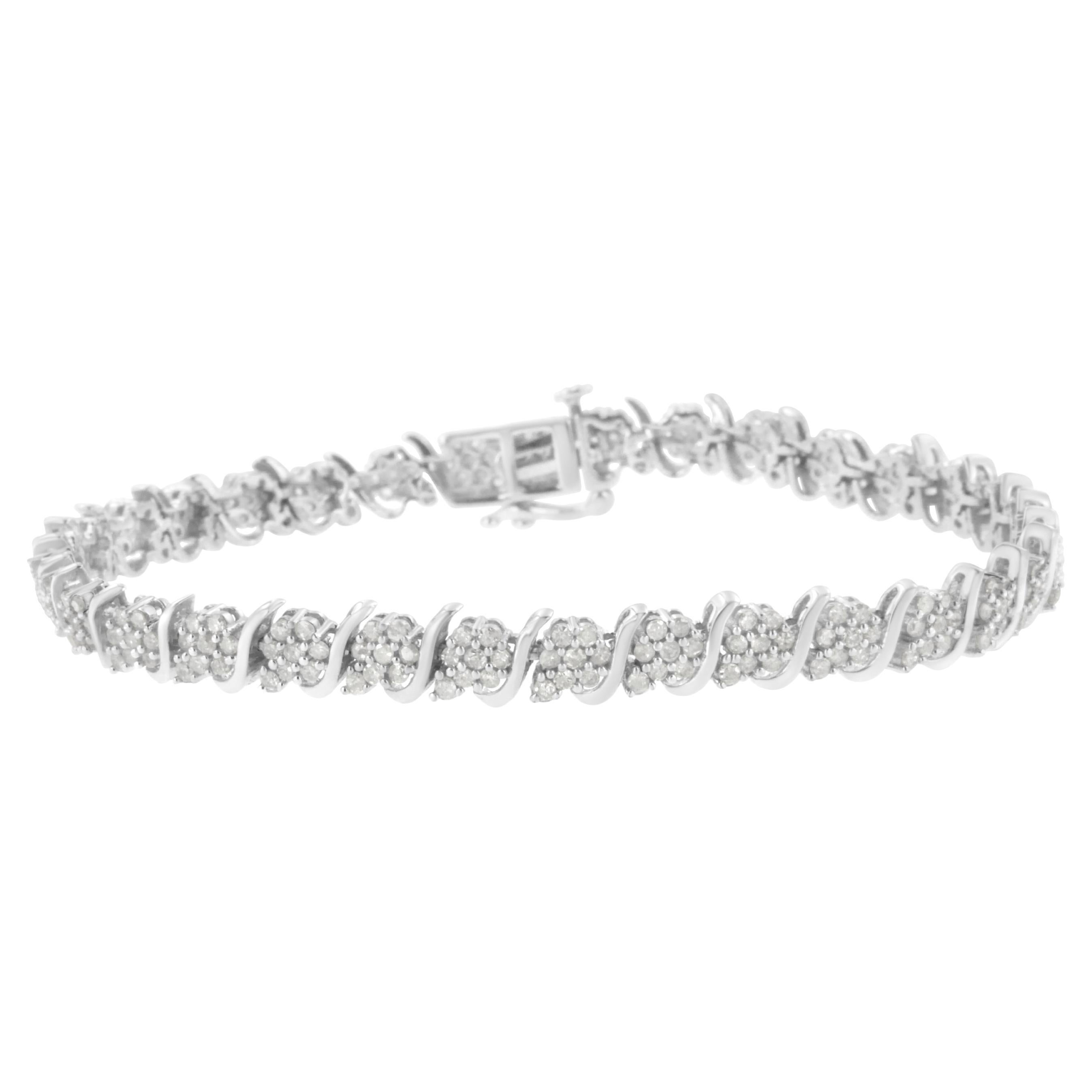.925 Sterling Silver 2 3/4 Carat Diamond Floral Cluster Link Bracelet For Sale