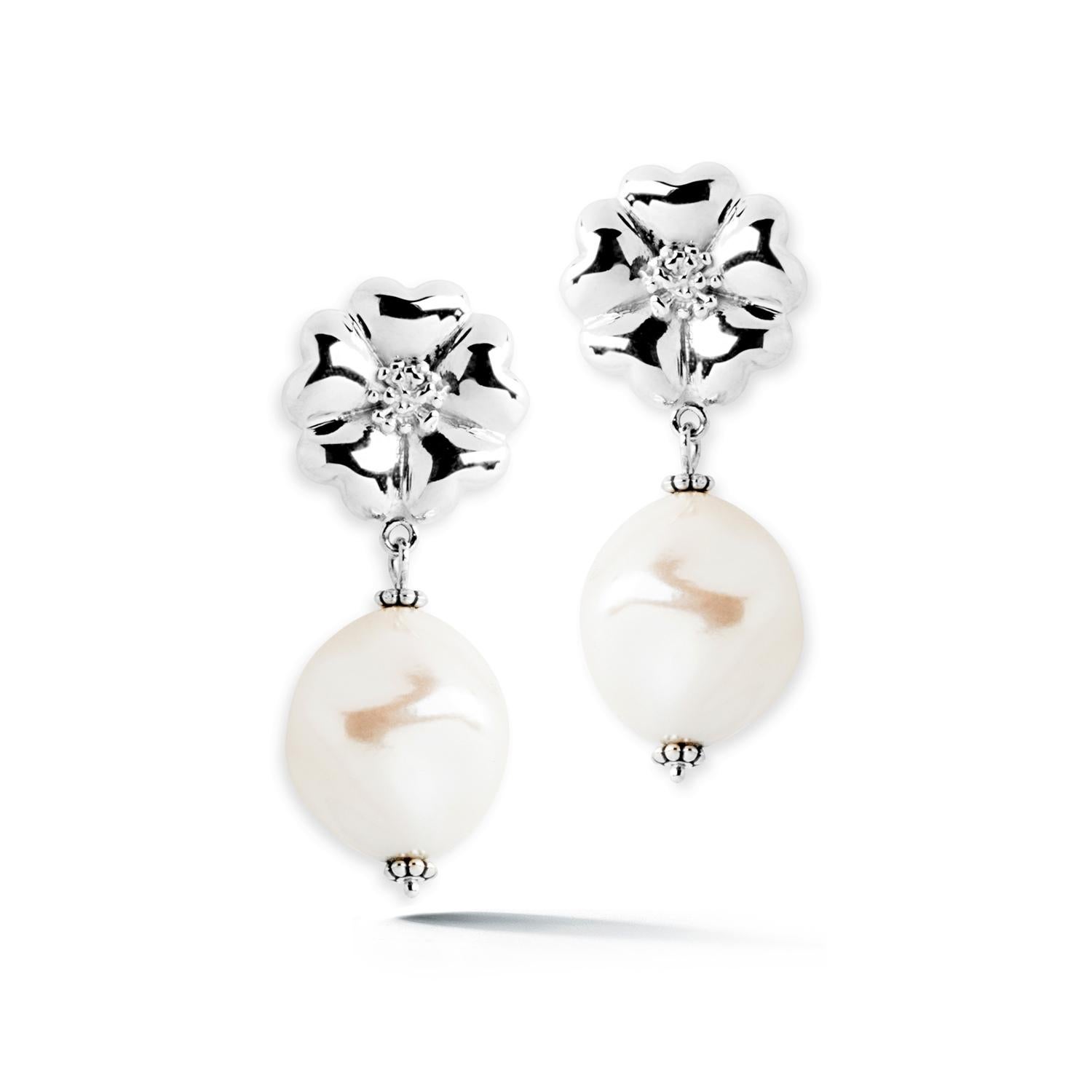 Trillion Cut .925 Sterling Silver 2 x 10 mm Large Blossom Natural Pearl Earrings For Sale