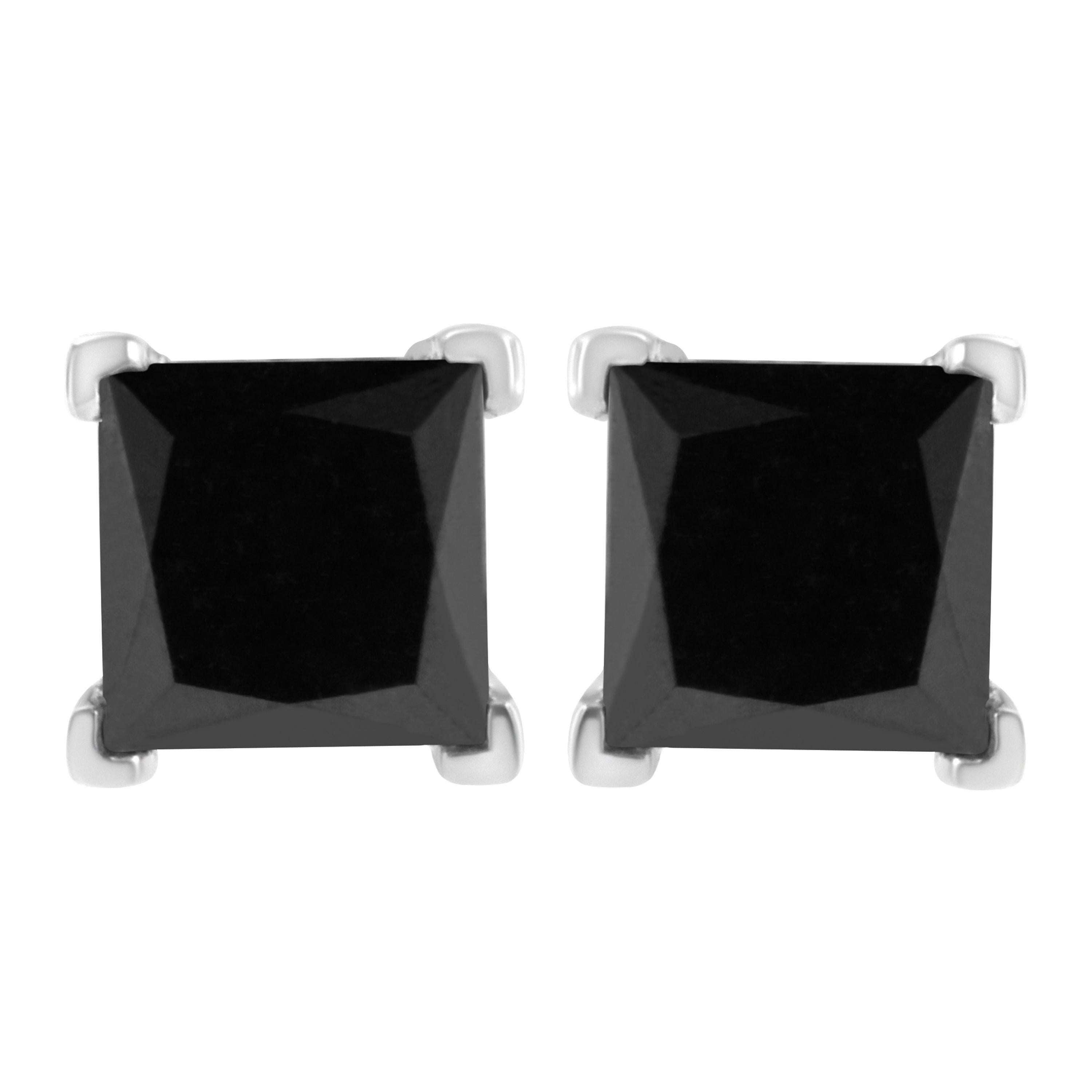 .925 Sterling Silver 2.0 Carat Black Diamond 4-Prong Classic Stud Earrings For Sale