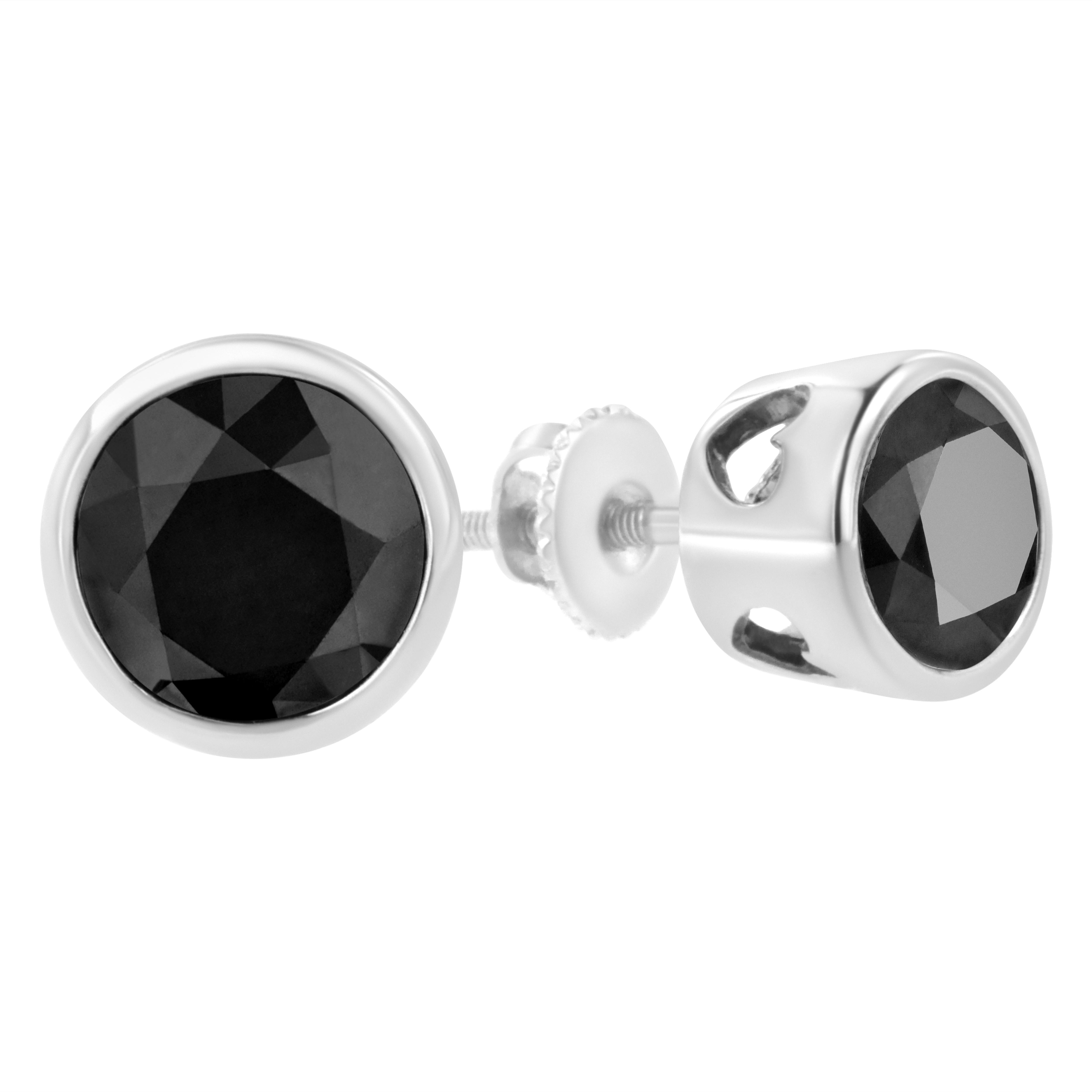 Round Cut .925 Sterling Silver 2.0 Carat Black Diamond Bezel Solitaire Stud Earrings For Sale