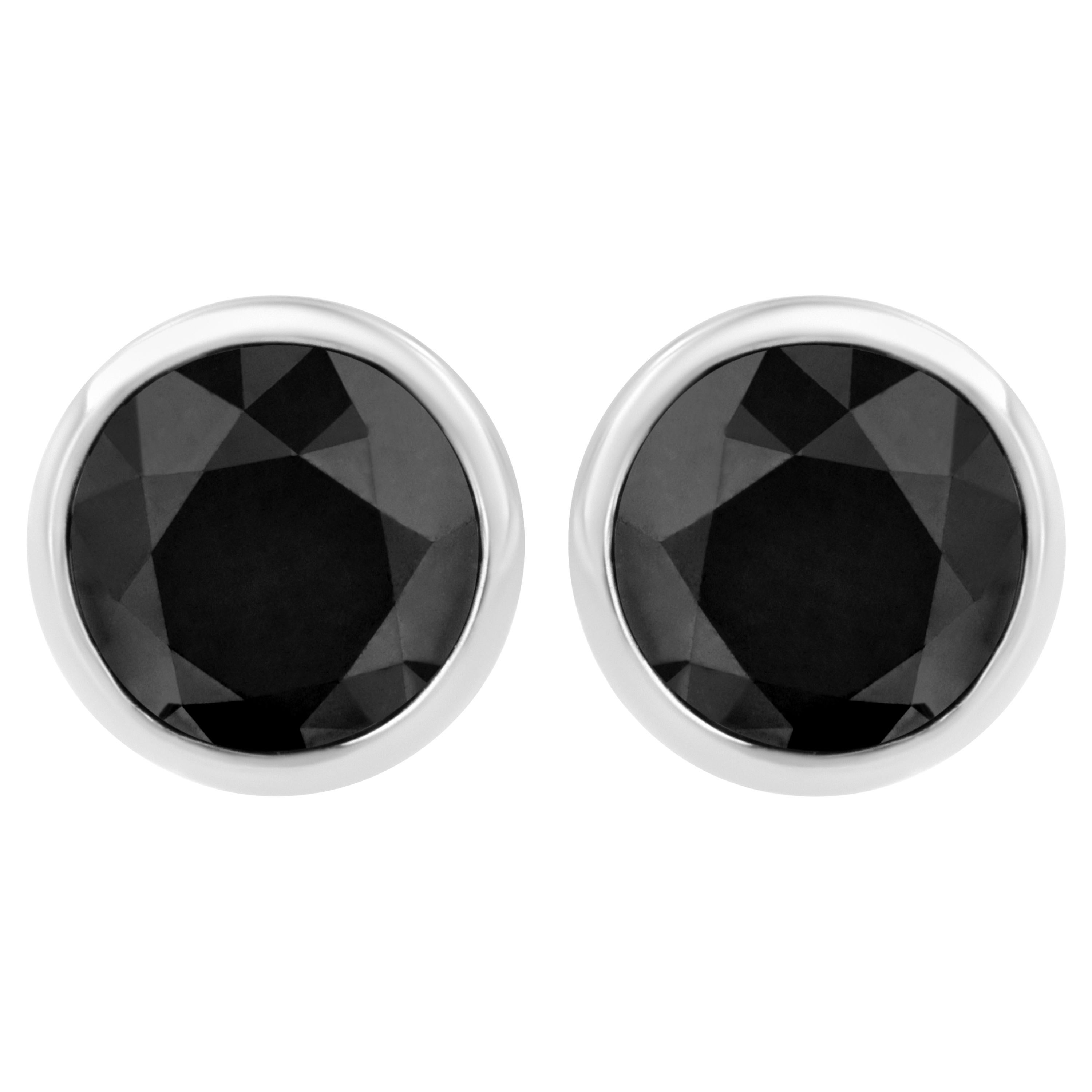 .925 Sterling Silver 2.0 Carat Black Diamond Bezel Solitaire Stud Earrings For Sale