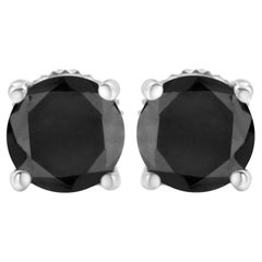 .925 Sterling Silver 2.0 Carat Black Diamond Classic 4-Prong Stud Earrings