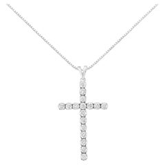 .925 Sterling Silver 2.0 Carat Classic Round-Cut Diamond Cross Pendant Necklace