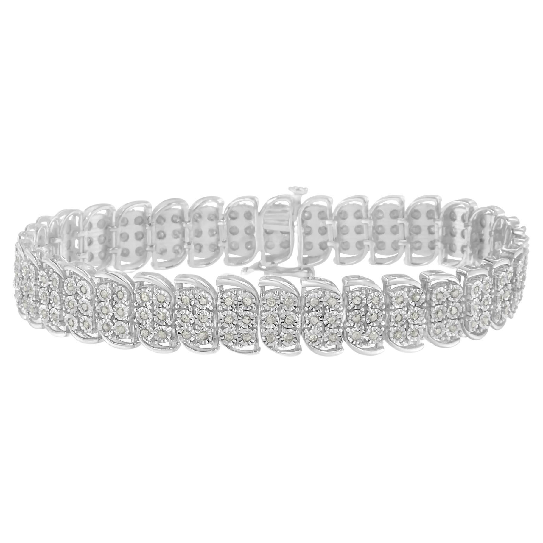 Bracelet tennis à 3 rangs en argent sterling avec diamants 2,0 carats et lignes courbes en forme de S, .925