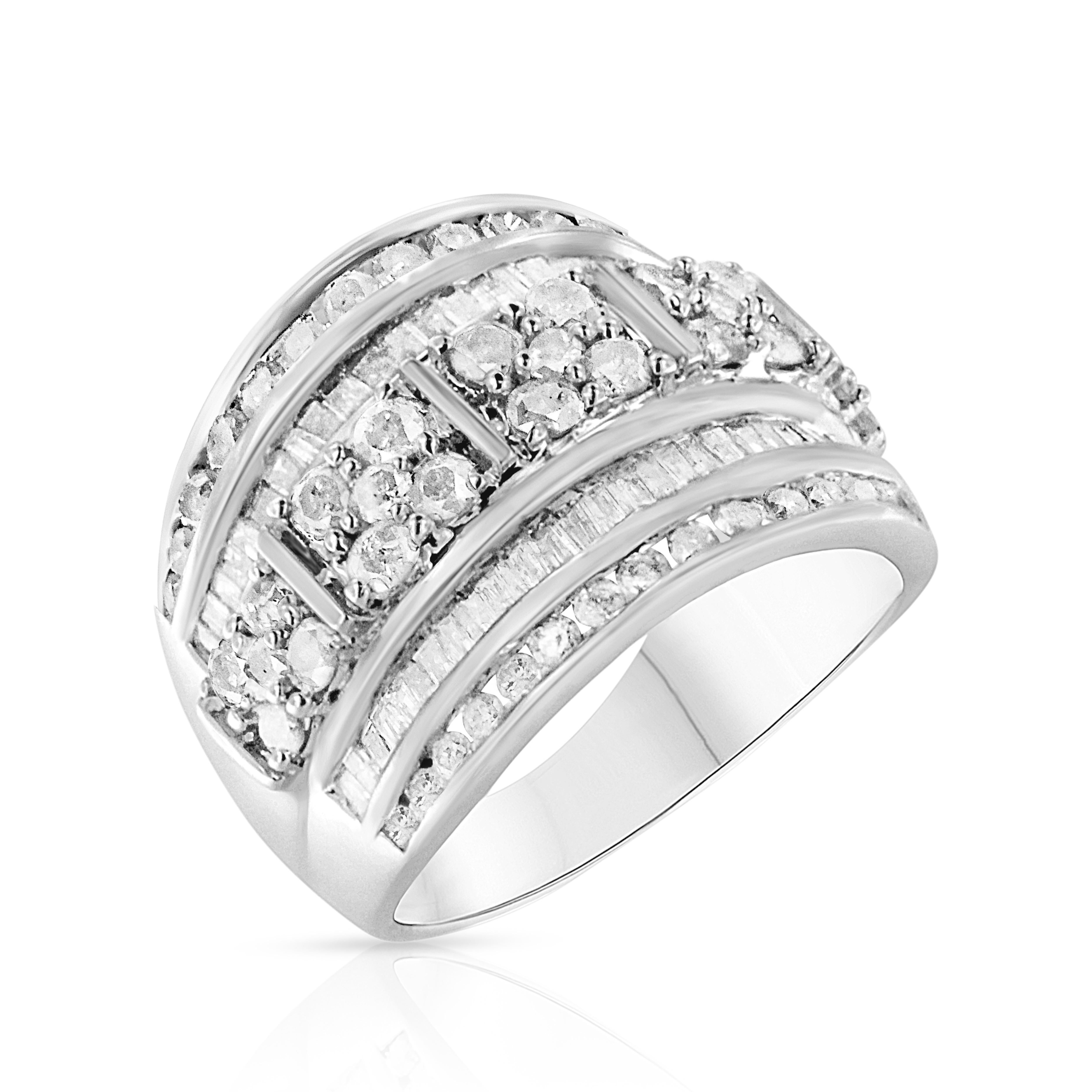 Elegant and timeless, this .925 sterling silver and diamond cocktail ring features 2.0 carat total weight of round and baguette cut promo quality diamonds, which are milky and cloudy in nature. The center row of this multi-row ring features repeated